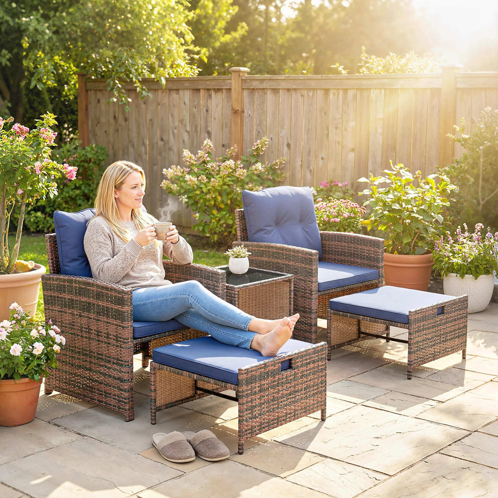 5-Piece Patio Set with Ottomans and 2-Tier Glass Table, Brown and Dark Blue - Image 4