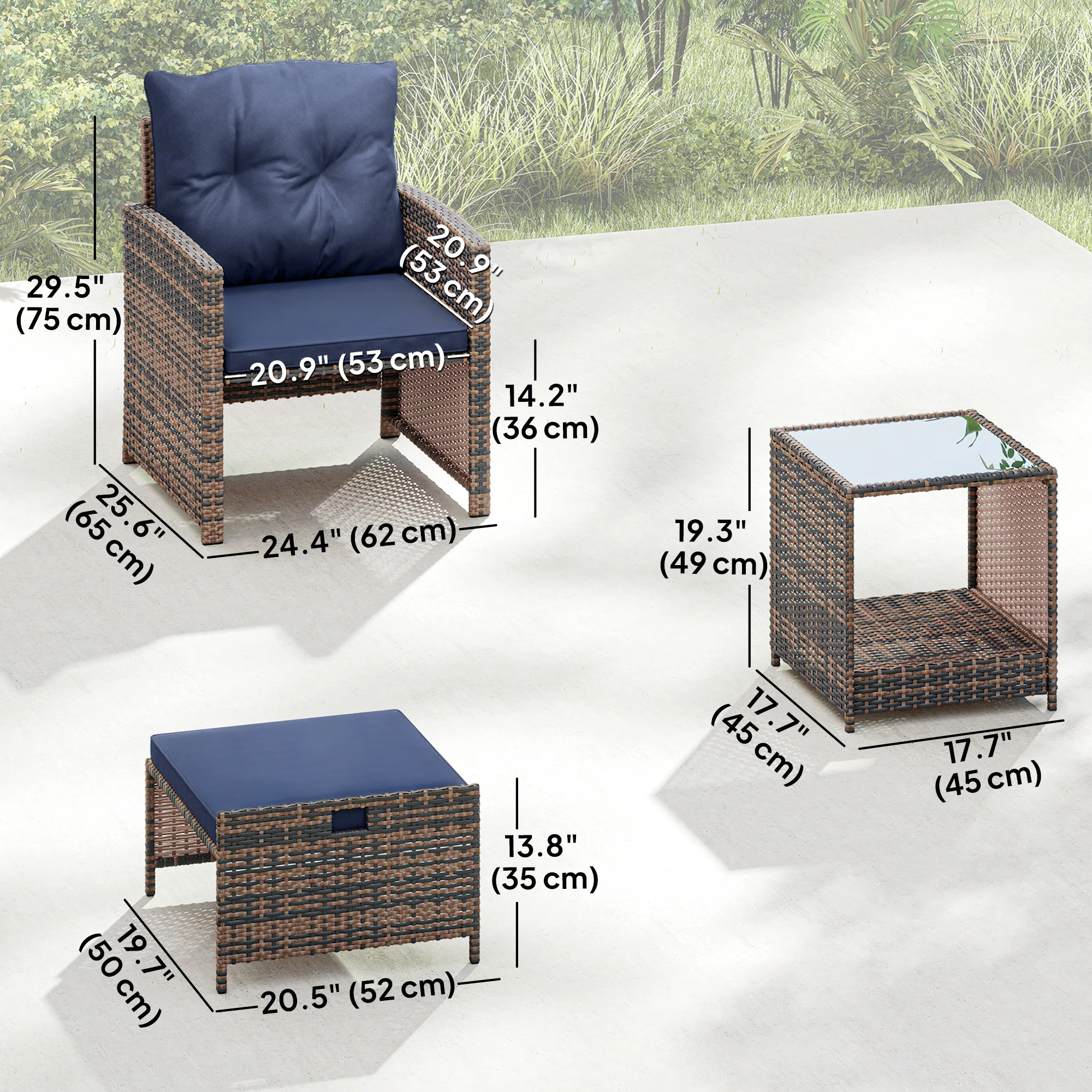 5-Piece Patio Set with Ottomans and 2-Tier Glass Table, Brown and Dark Blue - Image 5