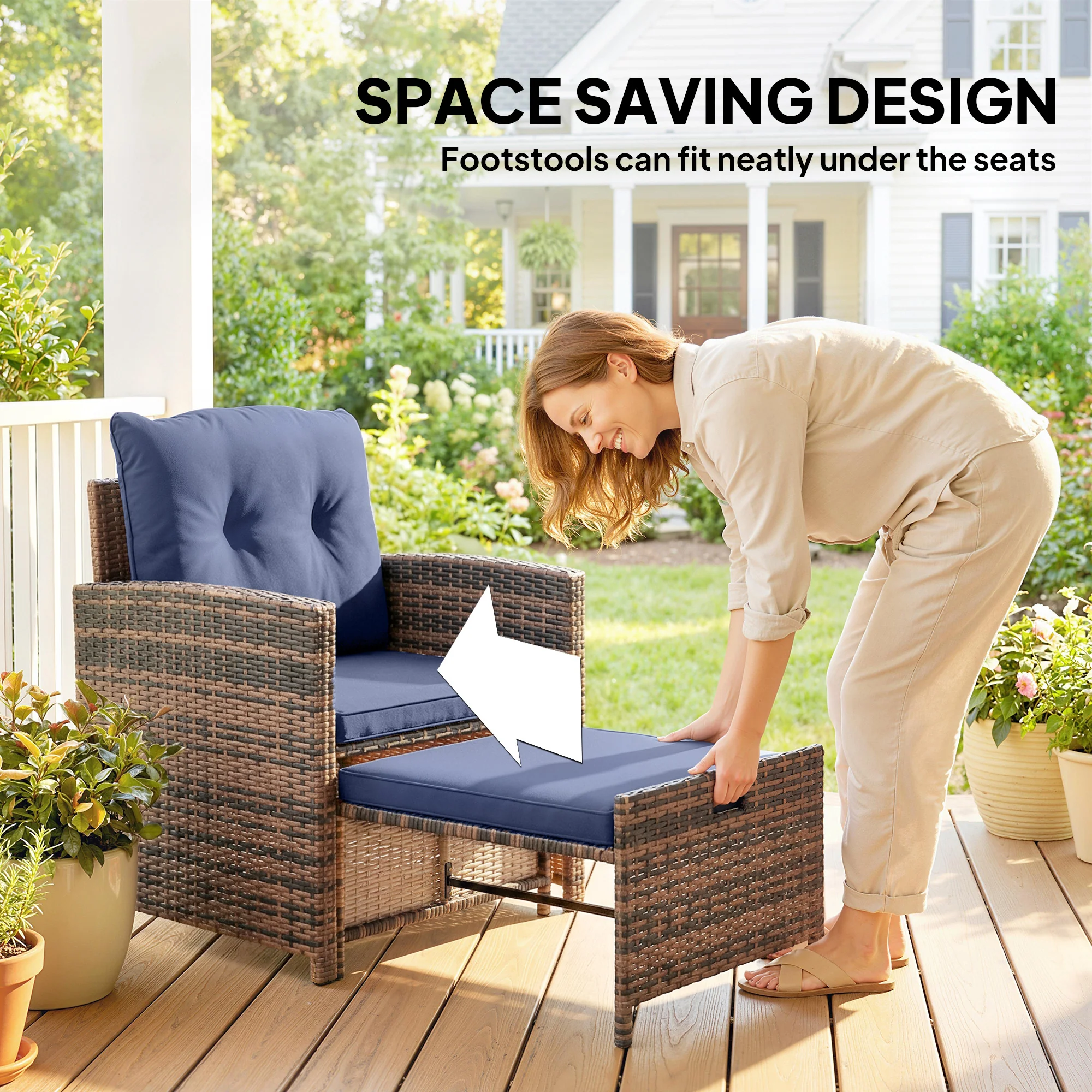 5-Piece Patio Set with Ottomans and 2-Tier Glass Table, Brown and Dark Blue - Image 6