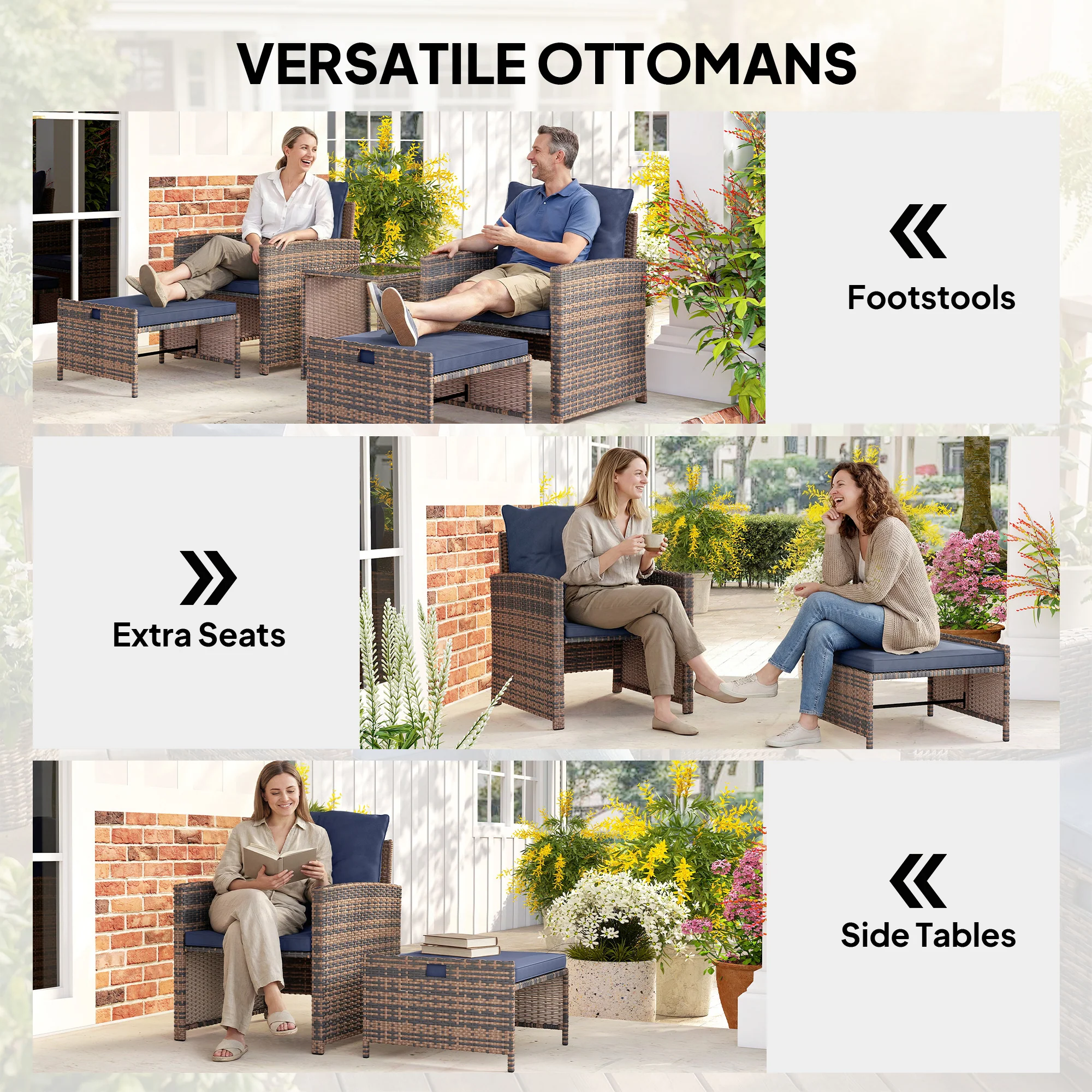 5-Piece Patio Set with Ottomans and 2-Tier Glass Table, Brown and Dark Blue - Image 7