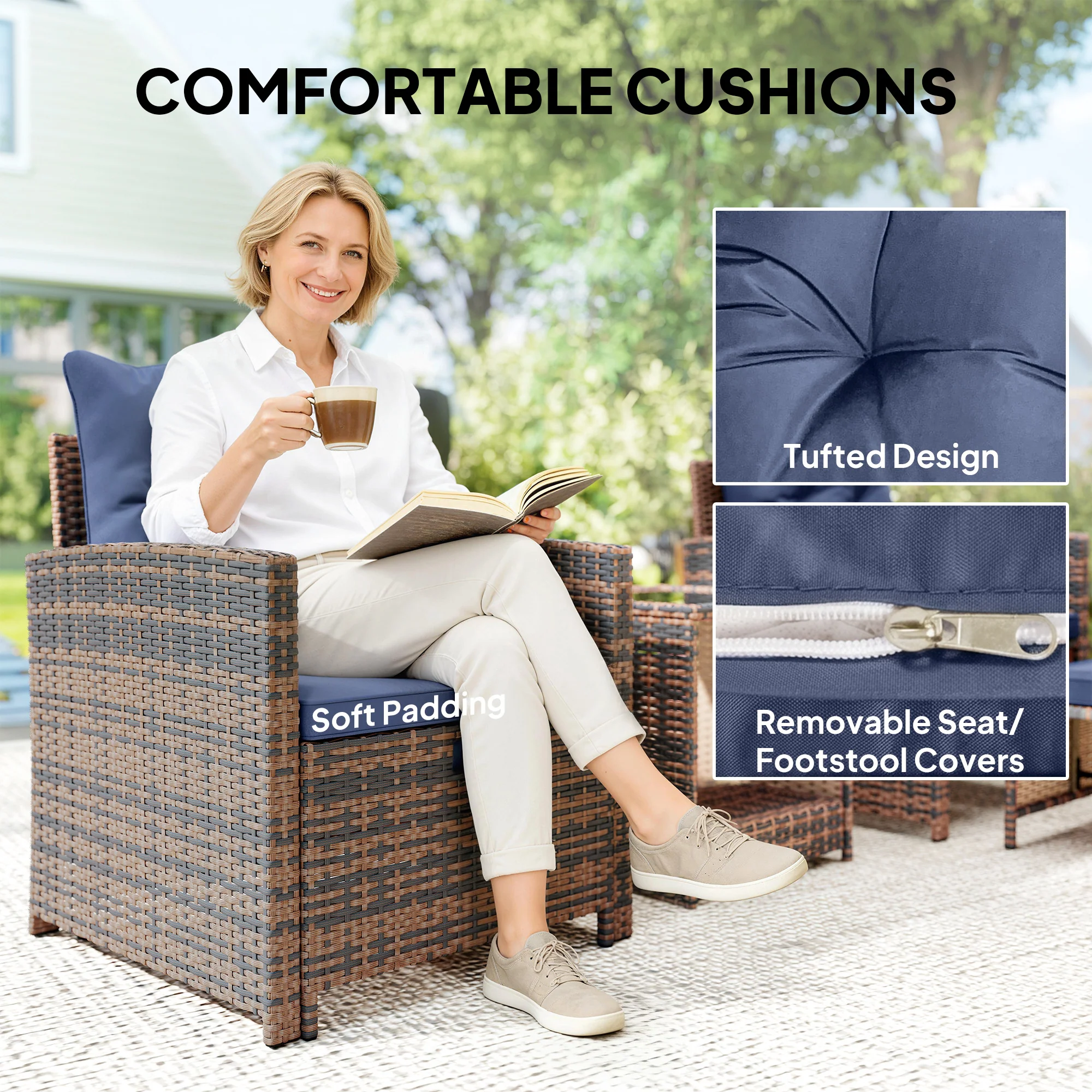 5-Piece Patio Set with Ottomans and 2-Tier Glass Table, Brown and Dark Blue - Image 9