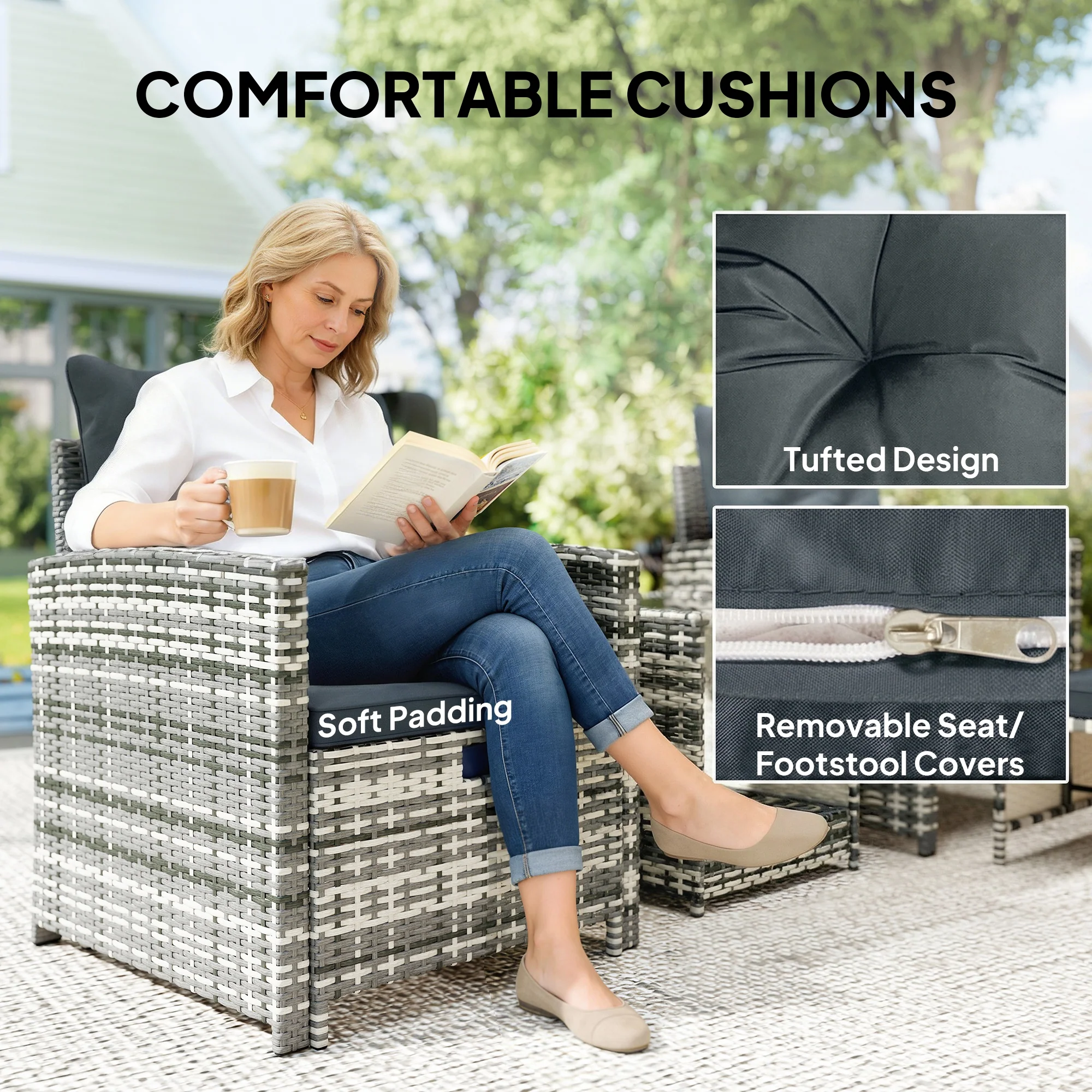 5-Piece Rattan Sofa Set with Ottomans, 2-Tier Glass Table, Grey/Dark Grey - Image 9