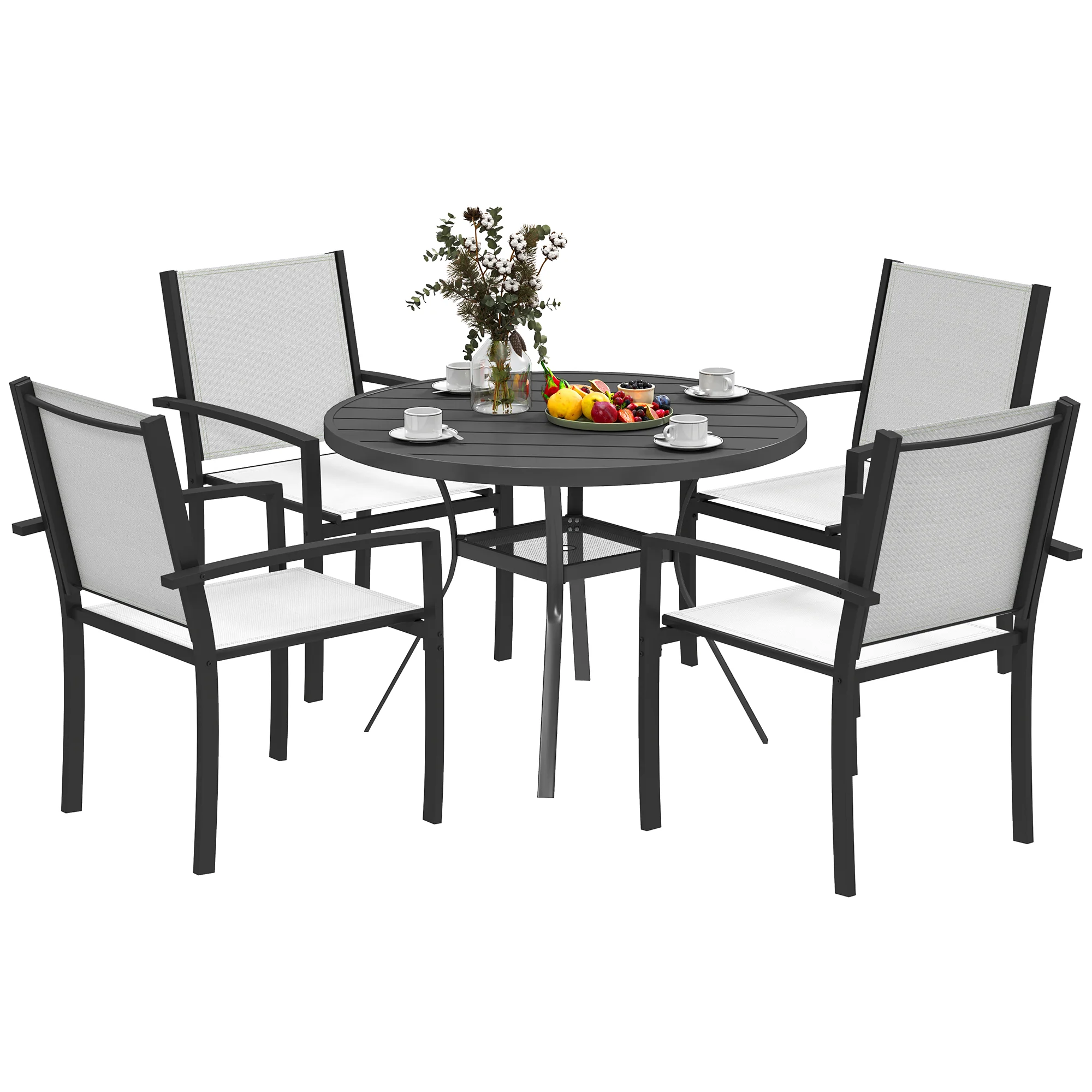 5 Piece Outdoor Dining Set with Round Table and 4 Stackable Chairs for Backyard, Grey