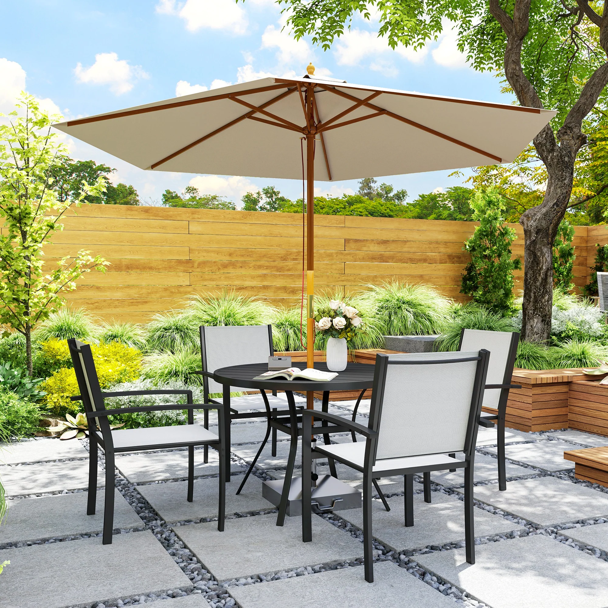5 Piece Outdoor Dining Set with Round Table and 4 Stackable Chairs for Backyard, Grey - Image 10