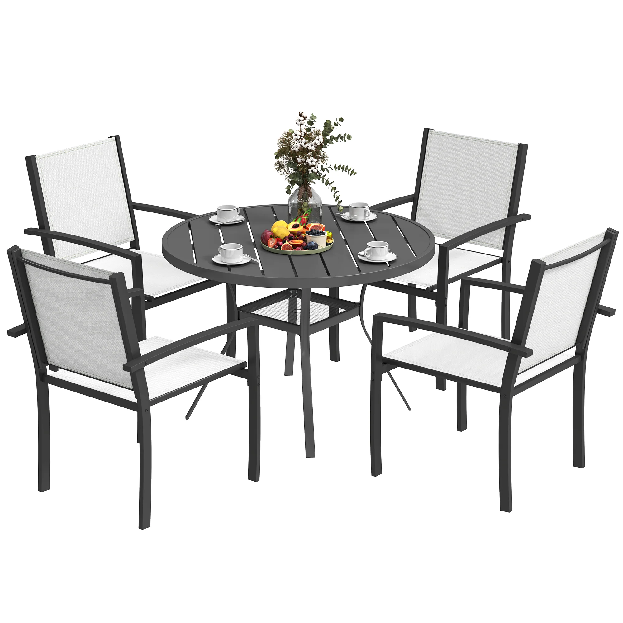 5 Piece Outdoor Dining Set with Round Table and 4 Stackable Chairs for Backyard, Grey - Image 2