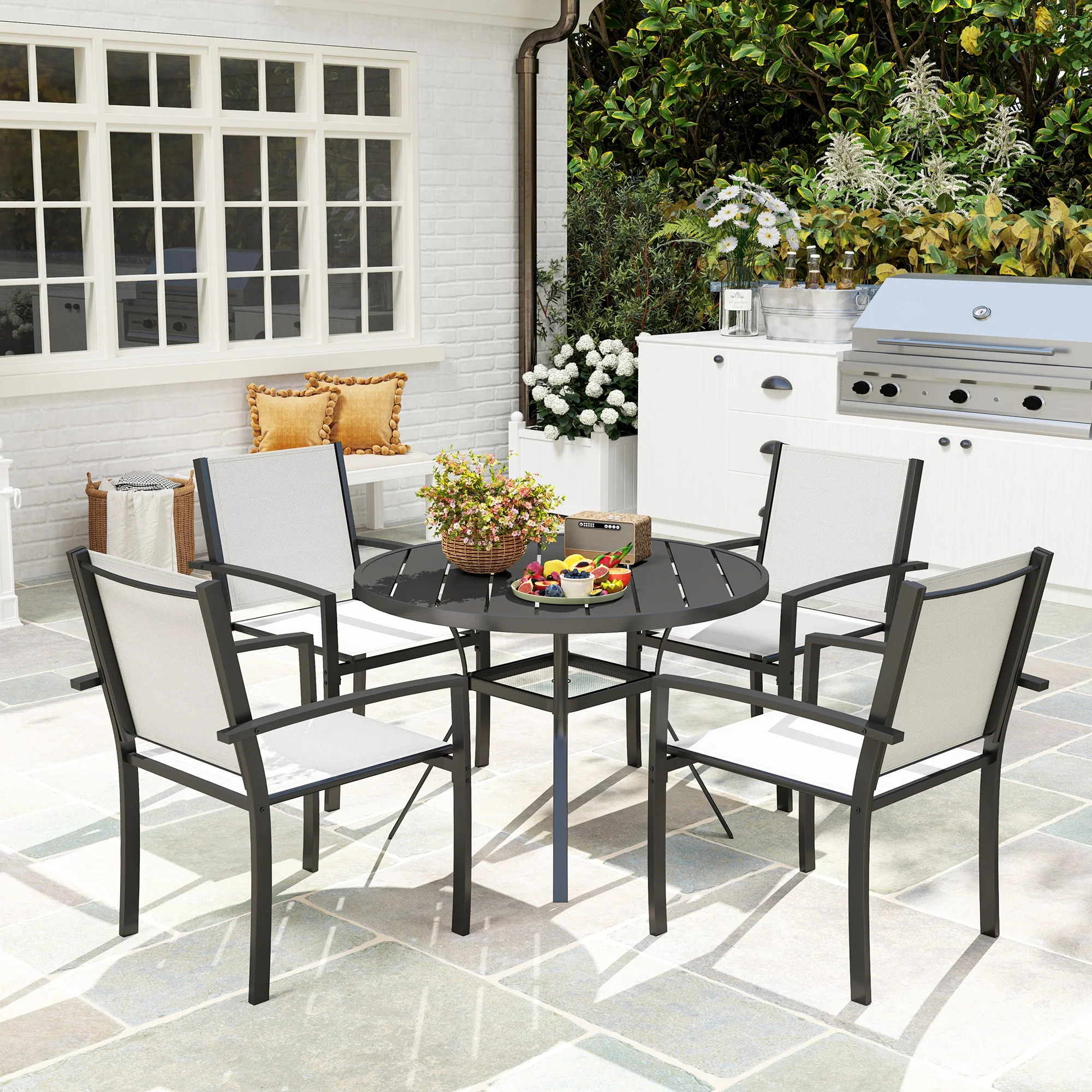 5 Piece Outdoor Dining Set with Round Table and 4 Stackable Chairs for Backyard, Grey - Image 3