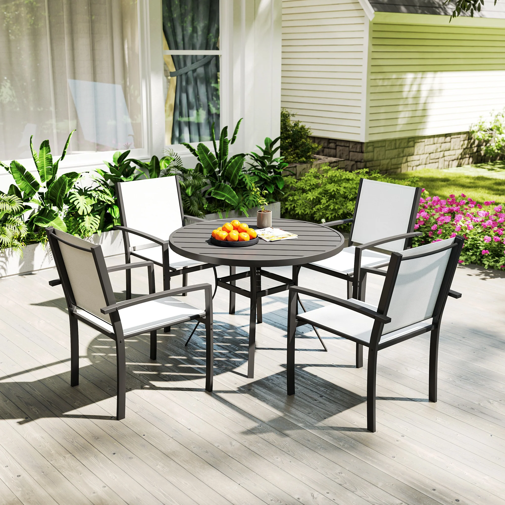 5 Piece Outdoor Dining Set with Round Table and 4 Stackable Chairs for Backyard, Grey - Image 4