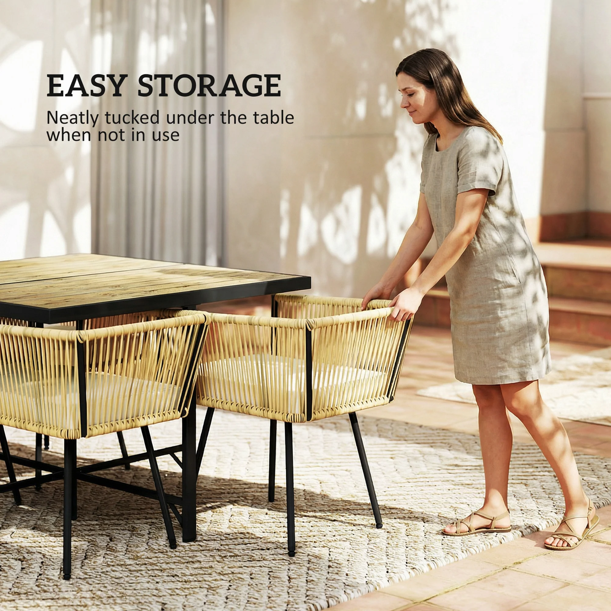 5 Piece Rattan Garden Dining Set with Stackable Chairs, Beige - Image 11