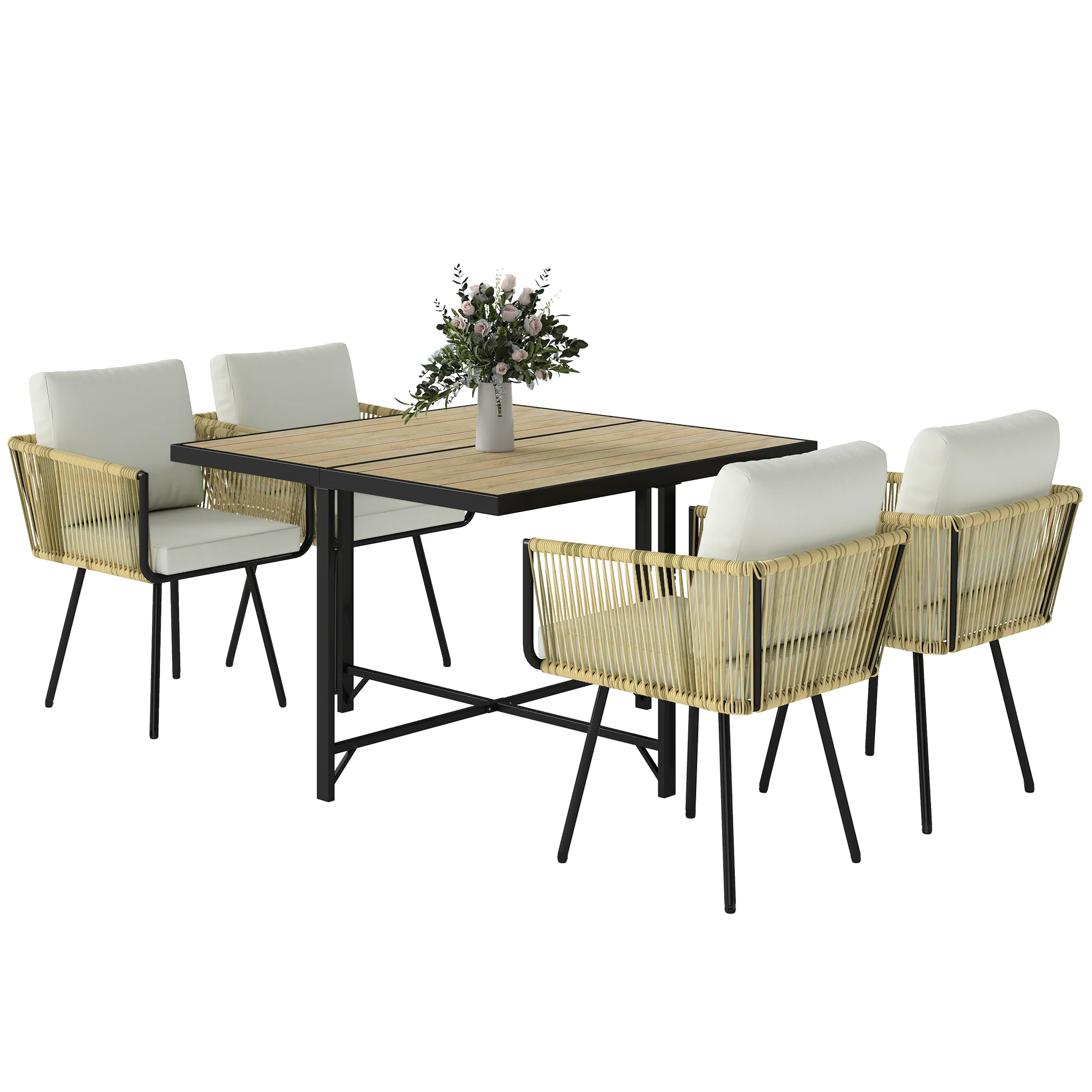 5 Piece Rattan Garden Dining Set with Stackable Chairs, Beige - Image 2