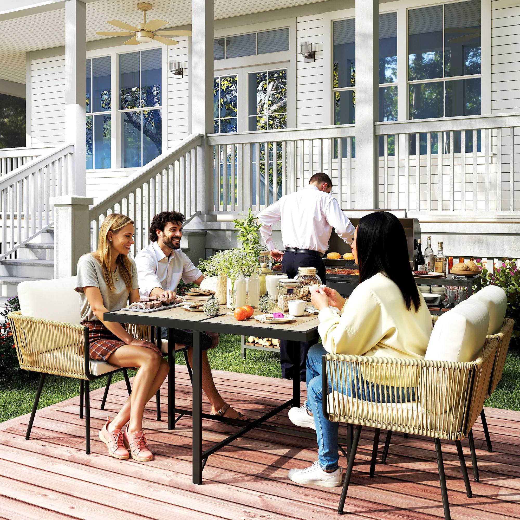 5 Piece Rattan Garden Dining Set with Stackable Chairs, Beige - Image 4
