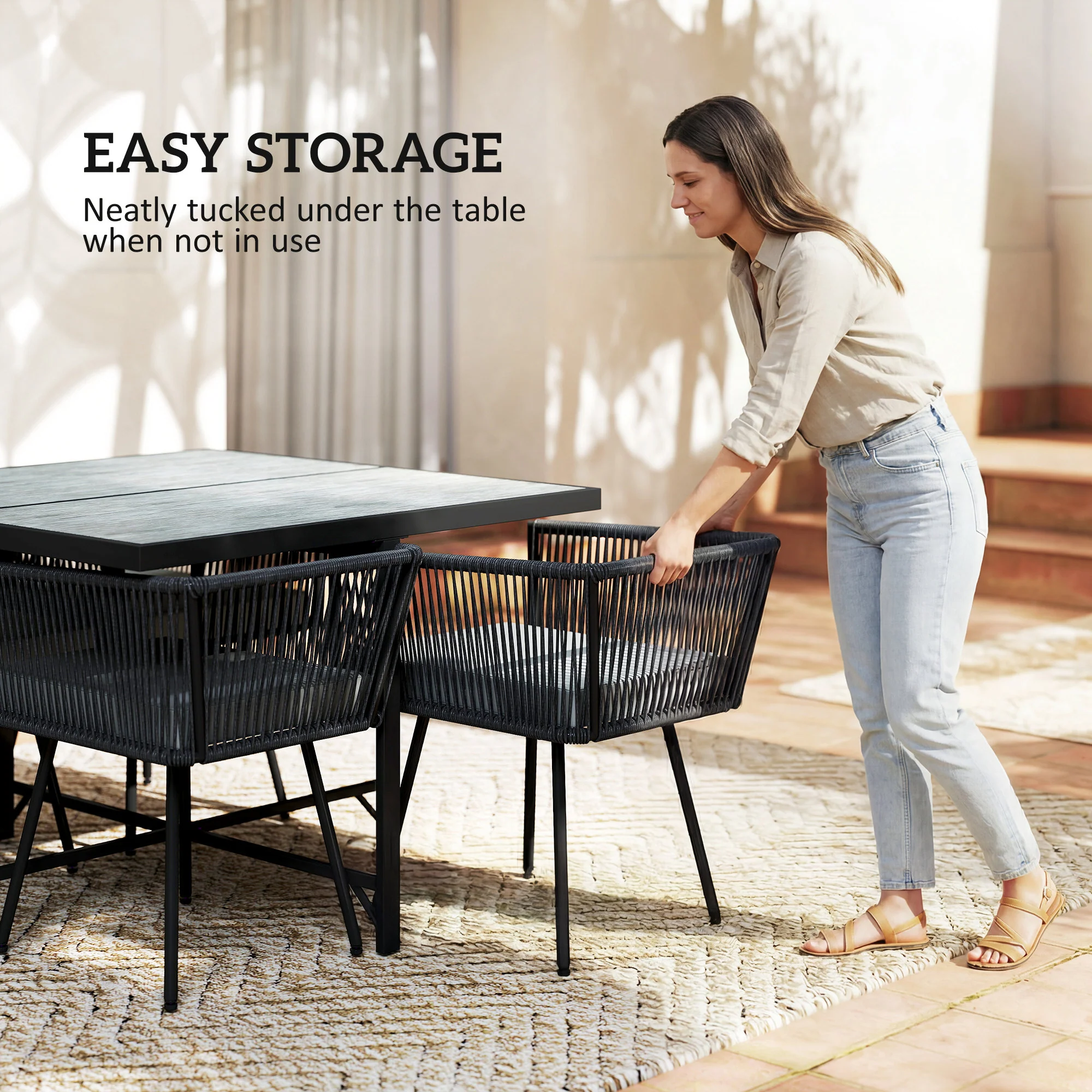 5 Piece Rattan Garden Dining Set with Stackable Chairs, Light Grey - Image 11