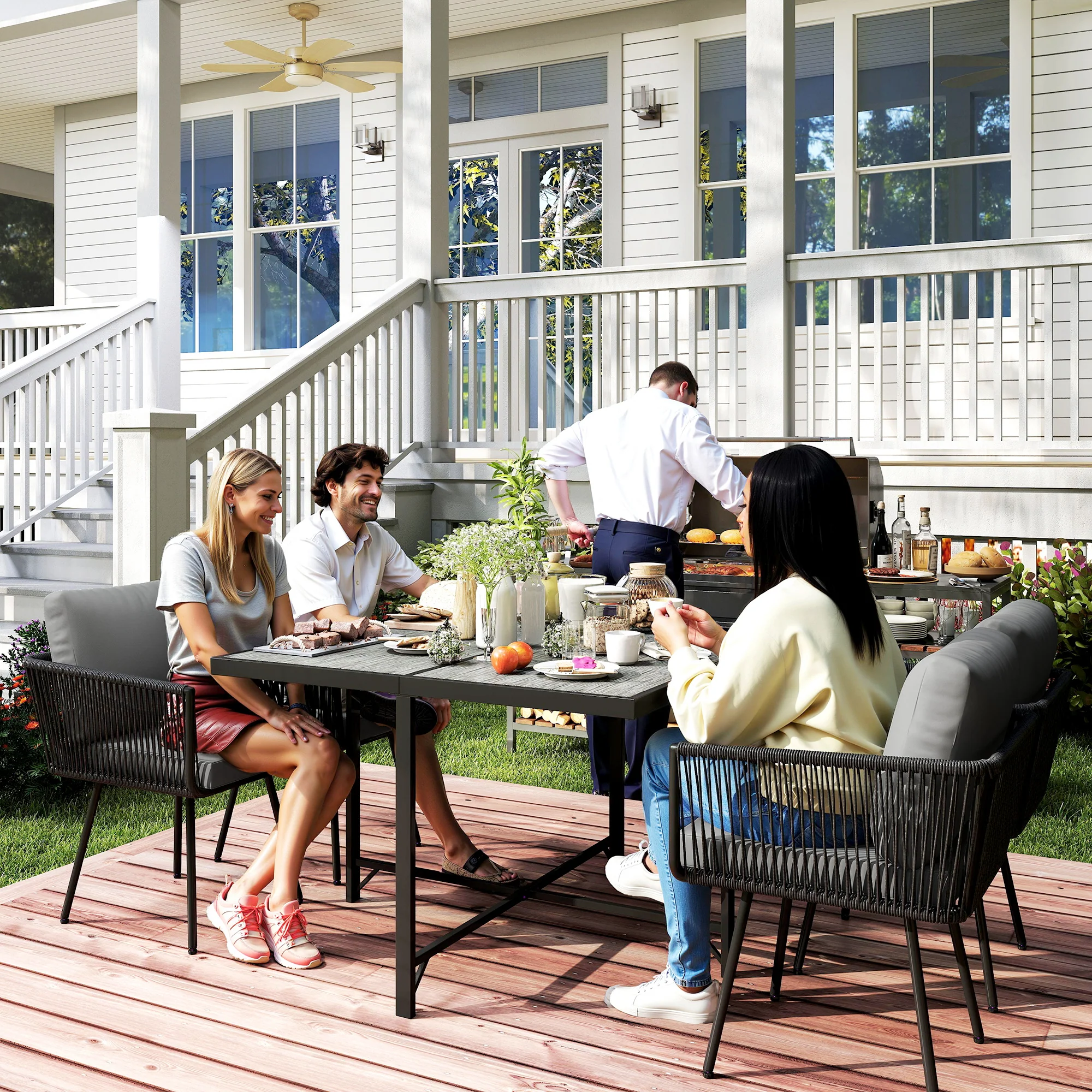 5 Piece Rattan Garden Dining Set with Stackable Chairs, Light Grey - Image 4