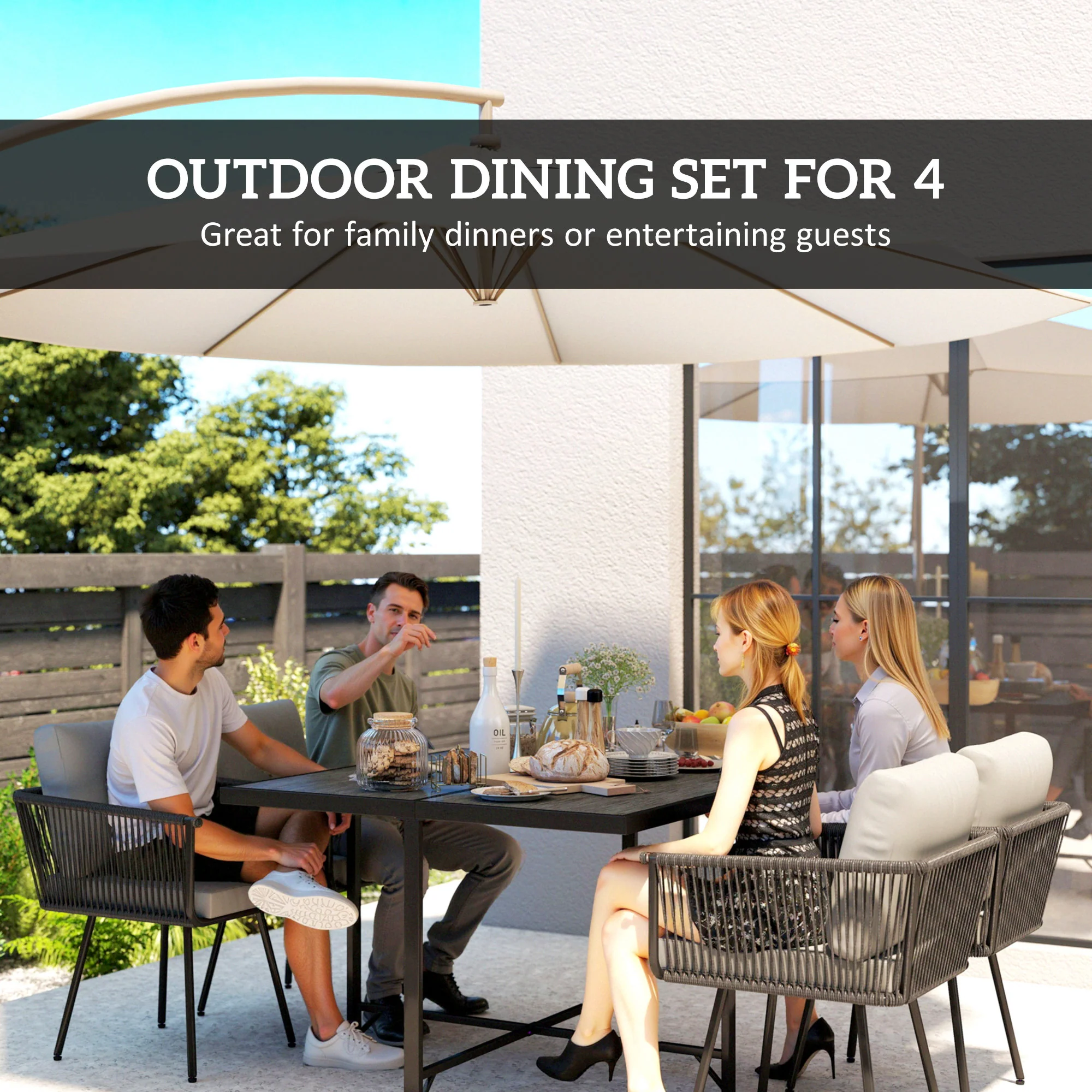 5 Piece Rattan Garden Dining Set with Stackable Chairs, Light Grey - Image 6