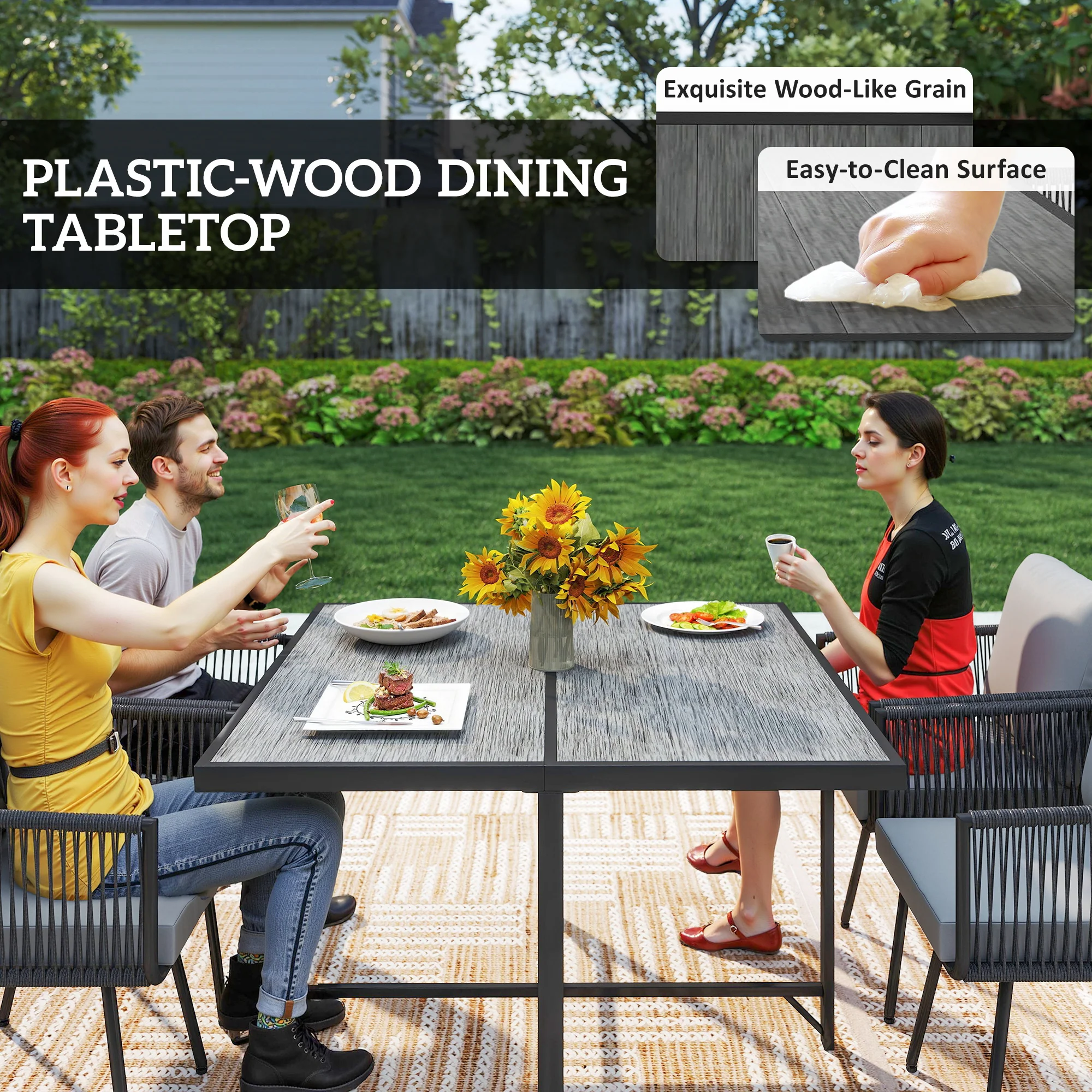 5 Piece Rattan Garden Dining Set with Stackable Chairs, Light Grey - Image 9