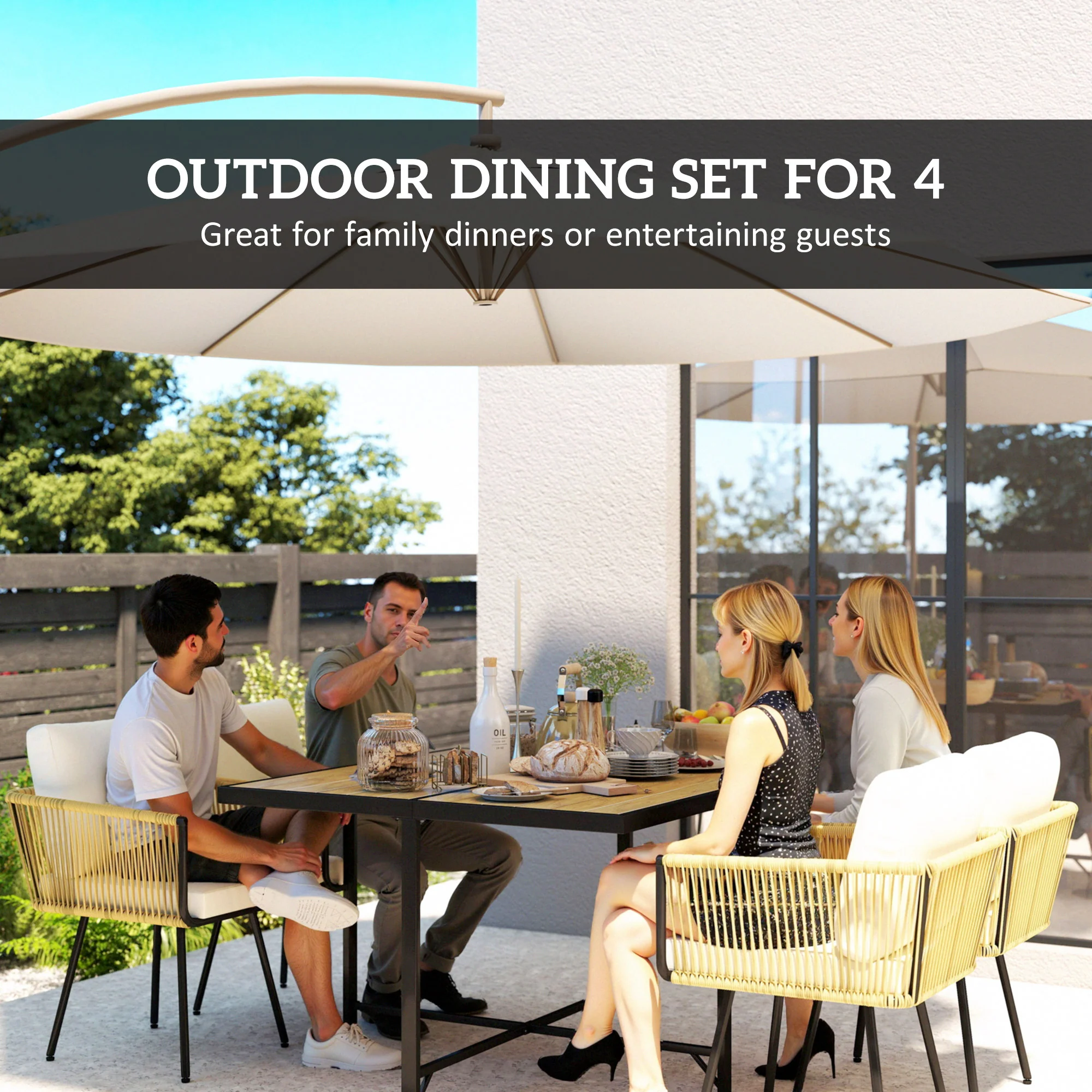 5 Piece Rattan Garden Dining Set with Stackable Chairs, Beige - Image 6