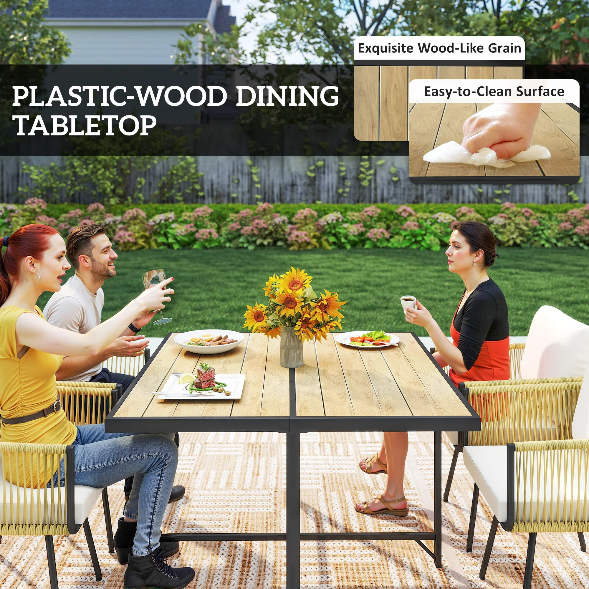 5 Piece Rattan Garden Dining Set with Stackable Chairs, Beige - Image 9