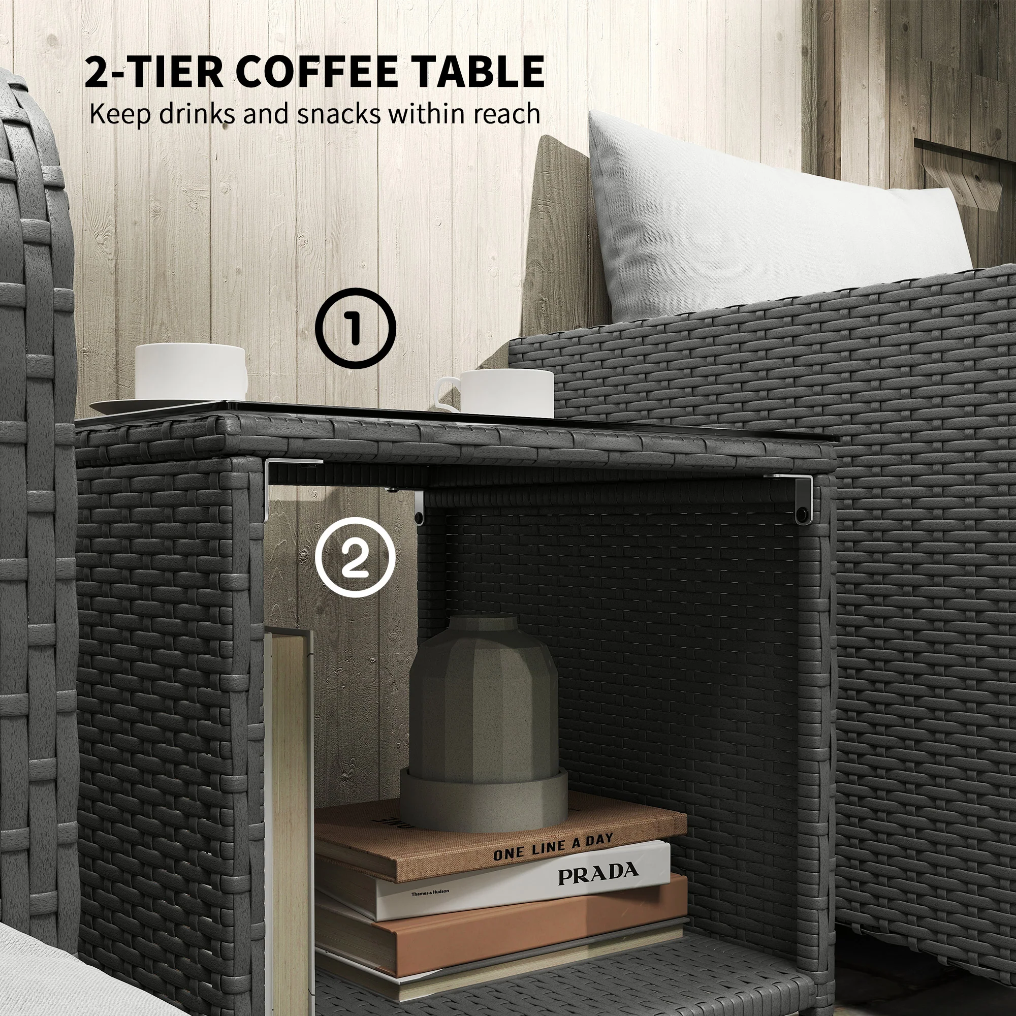 5 Piece Rattan Patio Set with 2 Chairs, 2 Ottomans & 2-Tier Table, Grey - Image 10