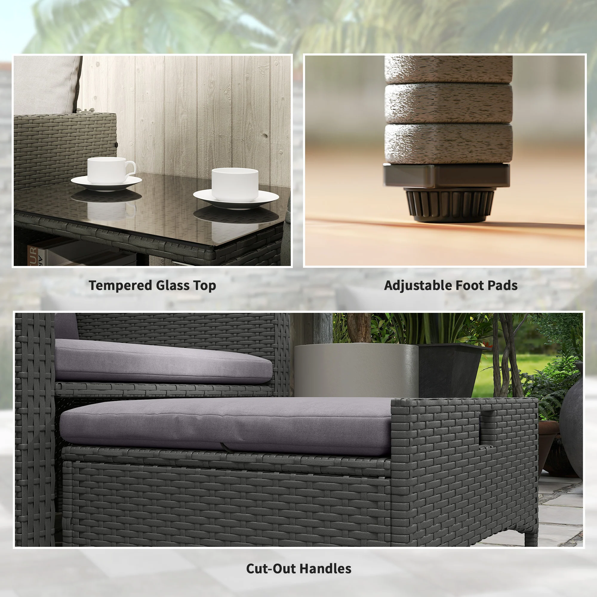 5 Piece Rattan Patio Set with 2 Chairs, 2 Ottomans & 2-Tier Table, Grey - Image 11