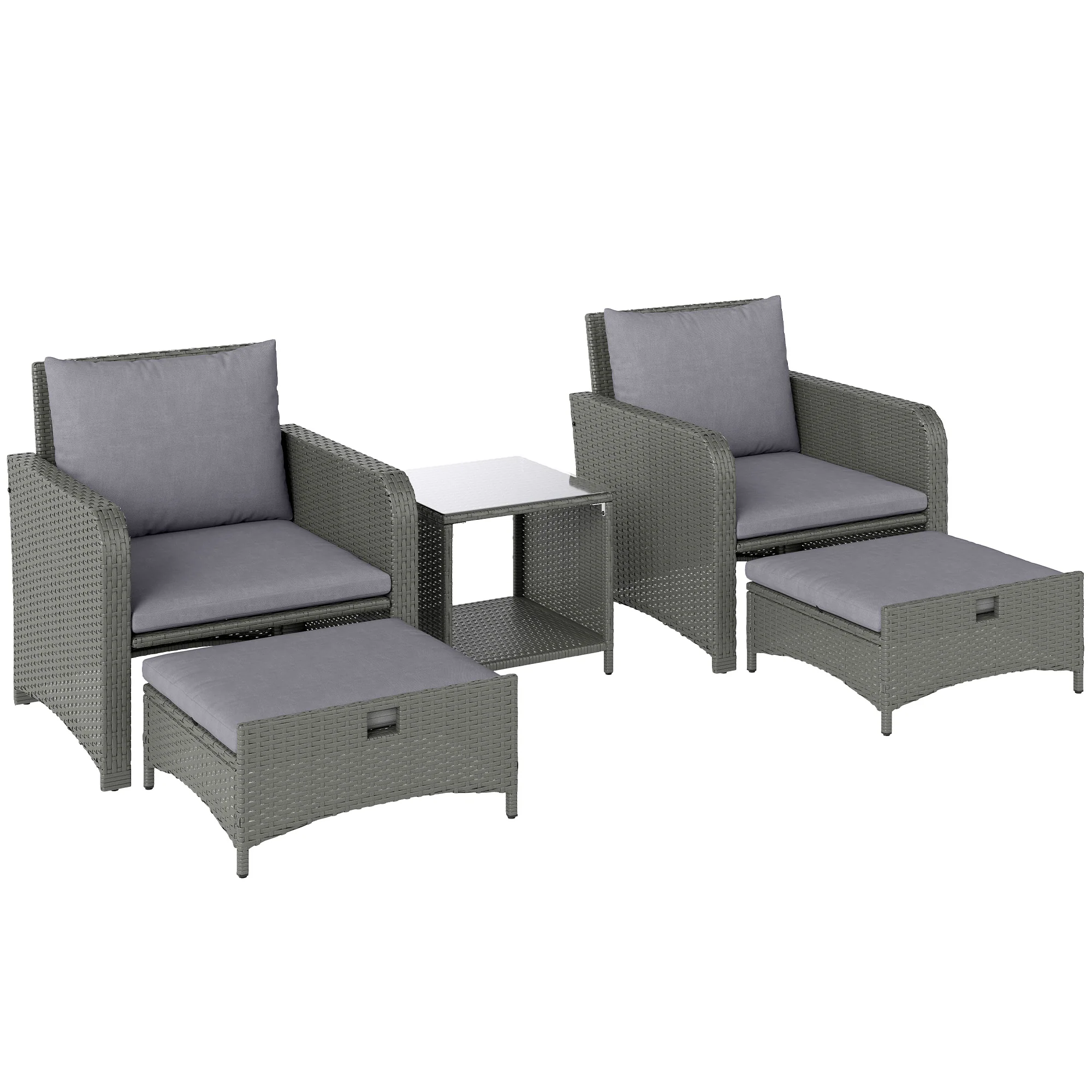 5 Piece Rattan Patio Set with 2 Chairs, 2 Ottomans & 2-Tier Table, Grey - Image 12