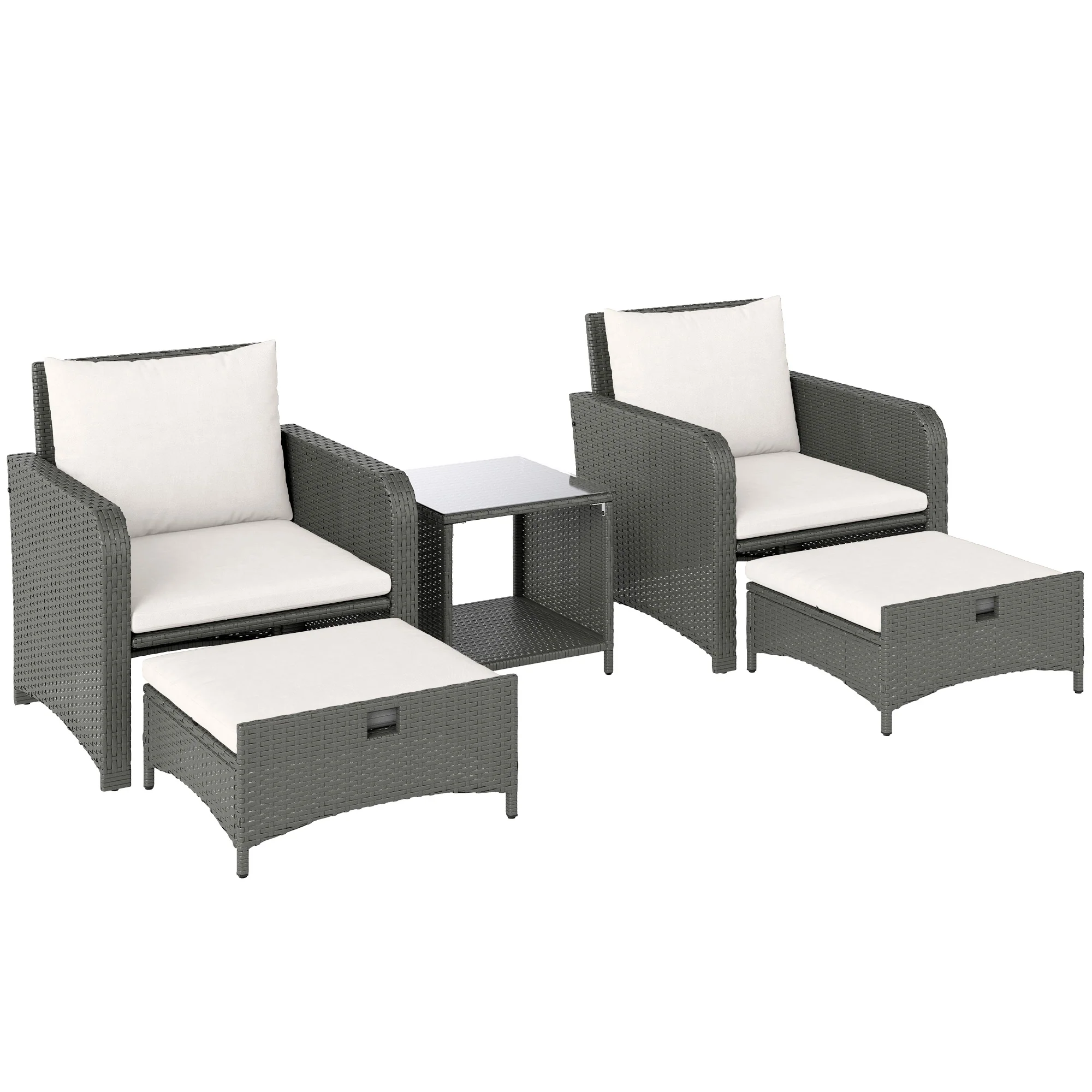 5 Piece Rattan Patio Set with 2 Chairs, 2 Ottomans & 2-Tier Table, Cream White