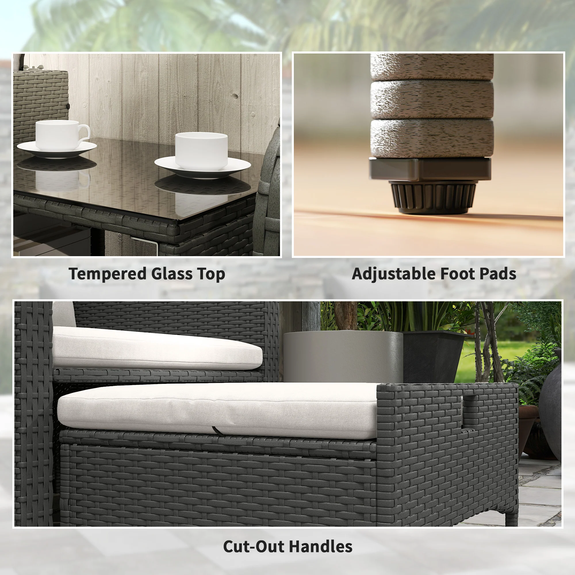 5 Piece Rattan Patio Set with 2 Chairs, 2 Ottomans & 2-Tier Table, Cream White - Image 11