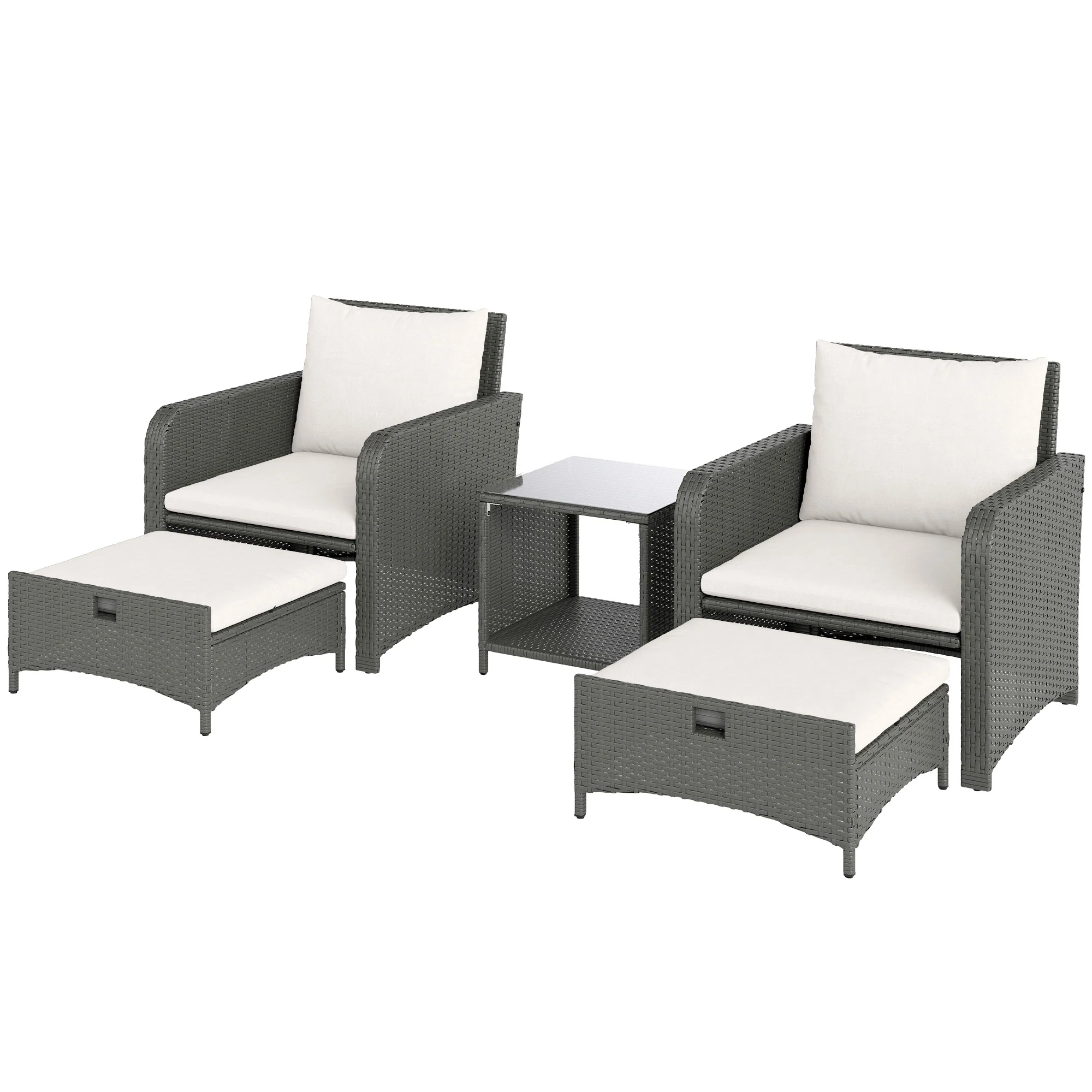 5 Piece Rattan Patio Set with 2 Chairs, 2 Ottomans & 2-Tier Table, Cream White - Image 2