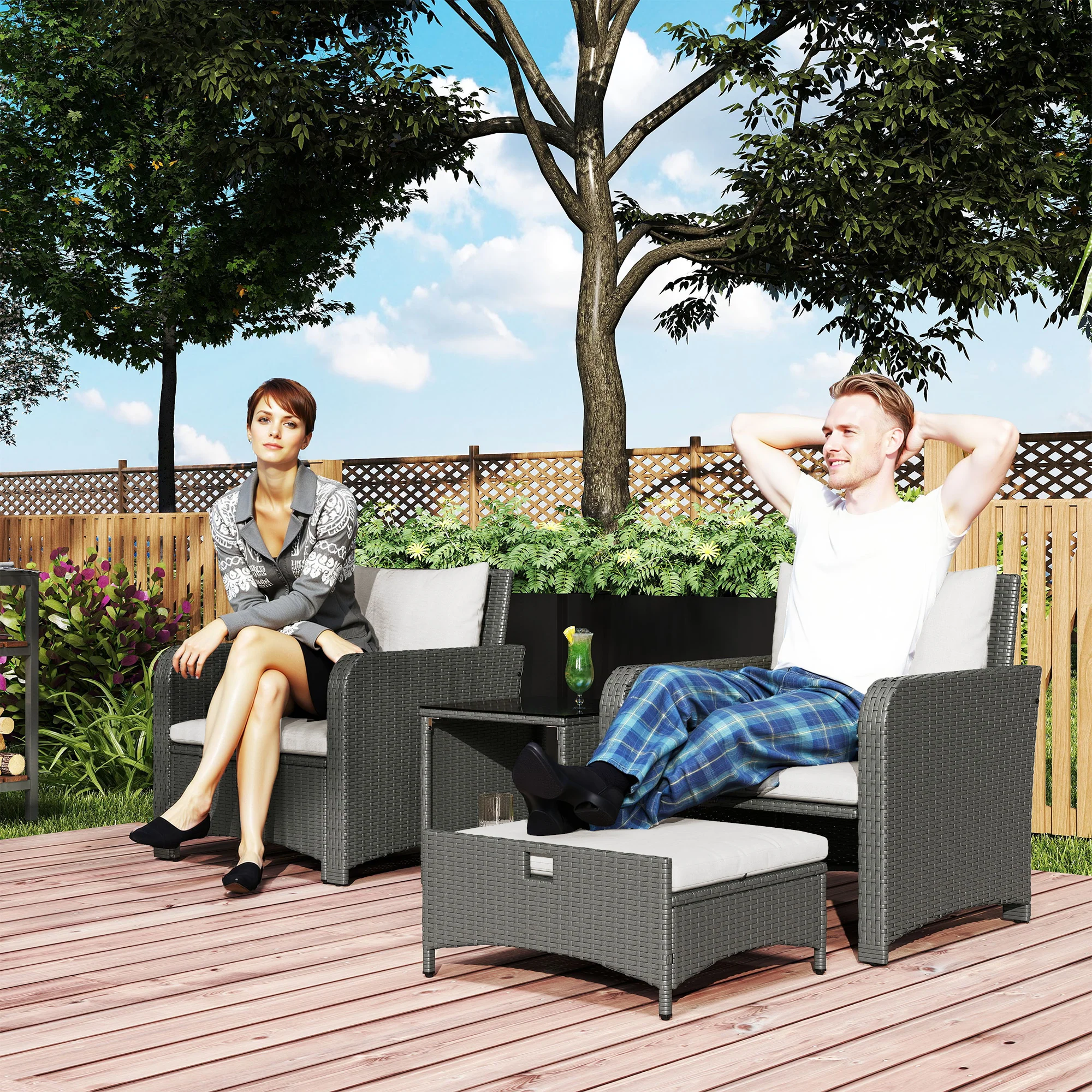 5 Piece Rattan Patio Set with 2 Chairs, 2 Ottomans & 2-Tier Table, Cream White - Image 3