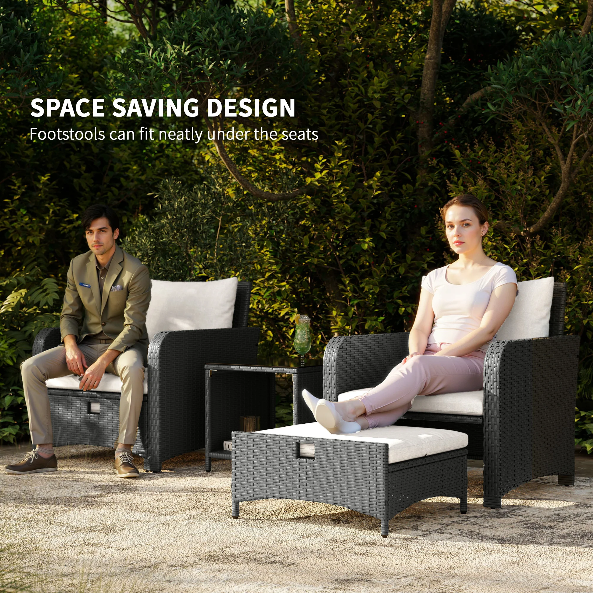 5 Piece Rattan Patio Set with 2 Chairs, 2 Ottomans & 2-Tier Table, Cream White - Image 6