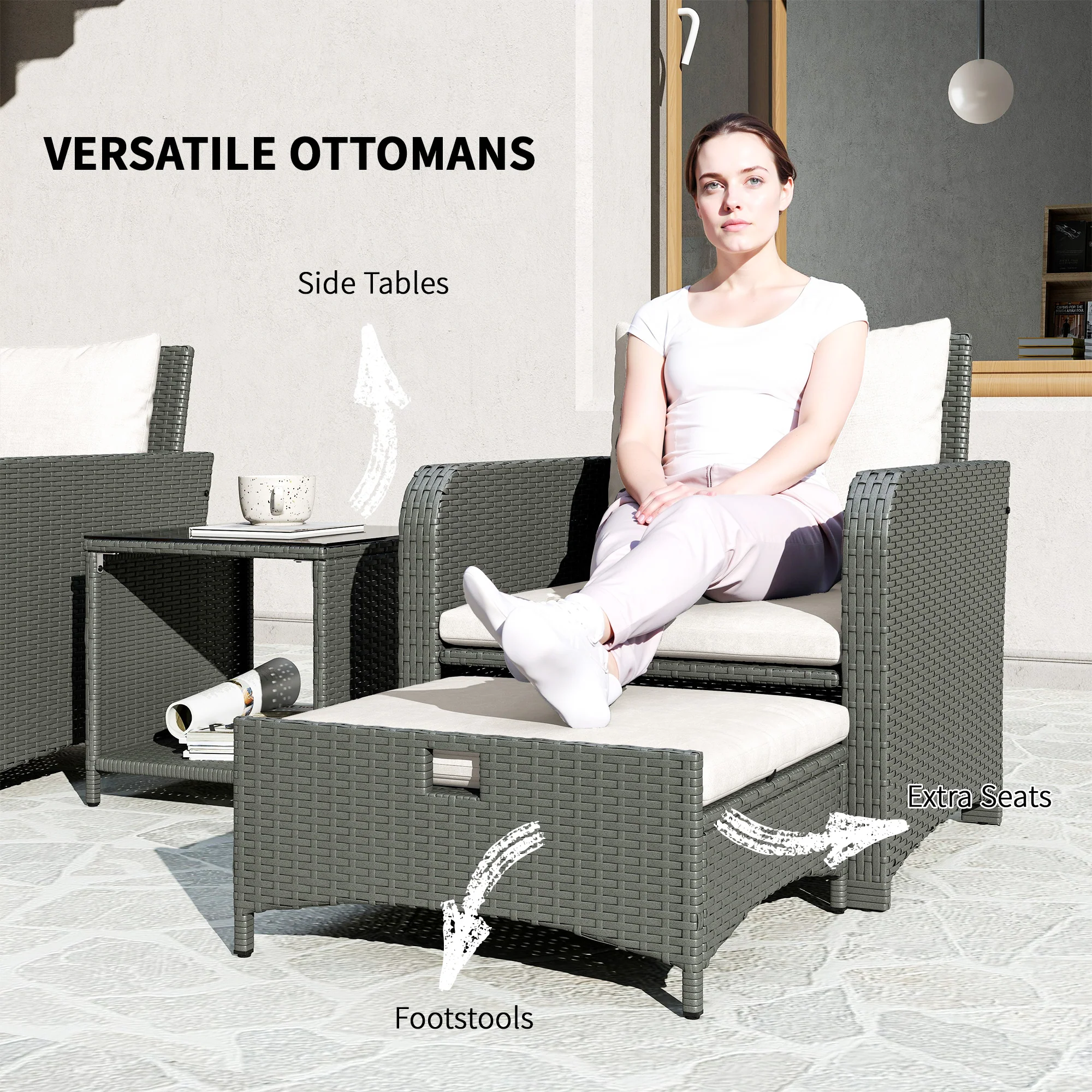 5 Piece Rattan Patio Set with 2 Chairs, 2 Ottomans & 2-Tier Table, Cream White - Image 7