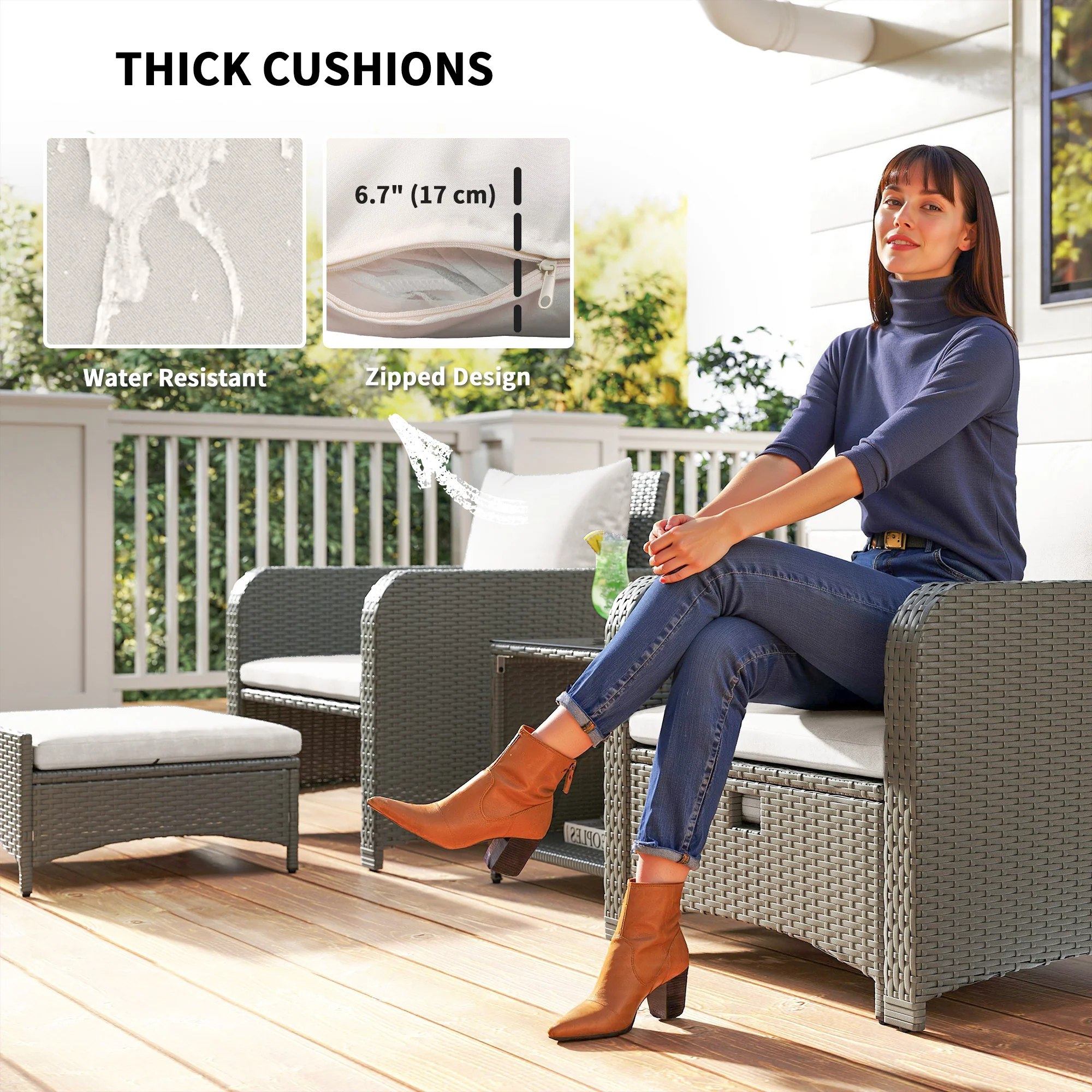 5 Piece Rattan Patio Set with 2 Chairs, 2 Ottomans & 2-Tier Table, Cream White - Image 9