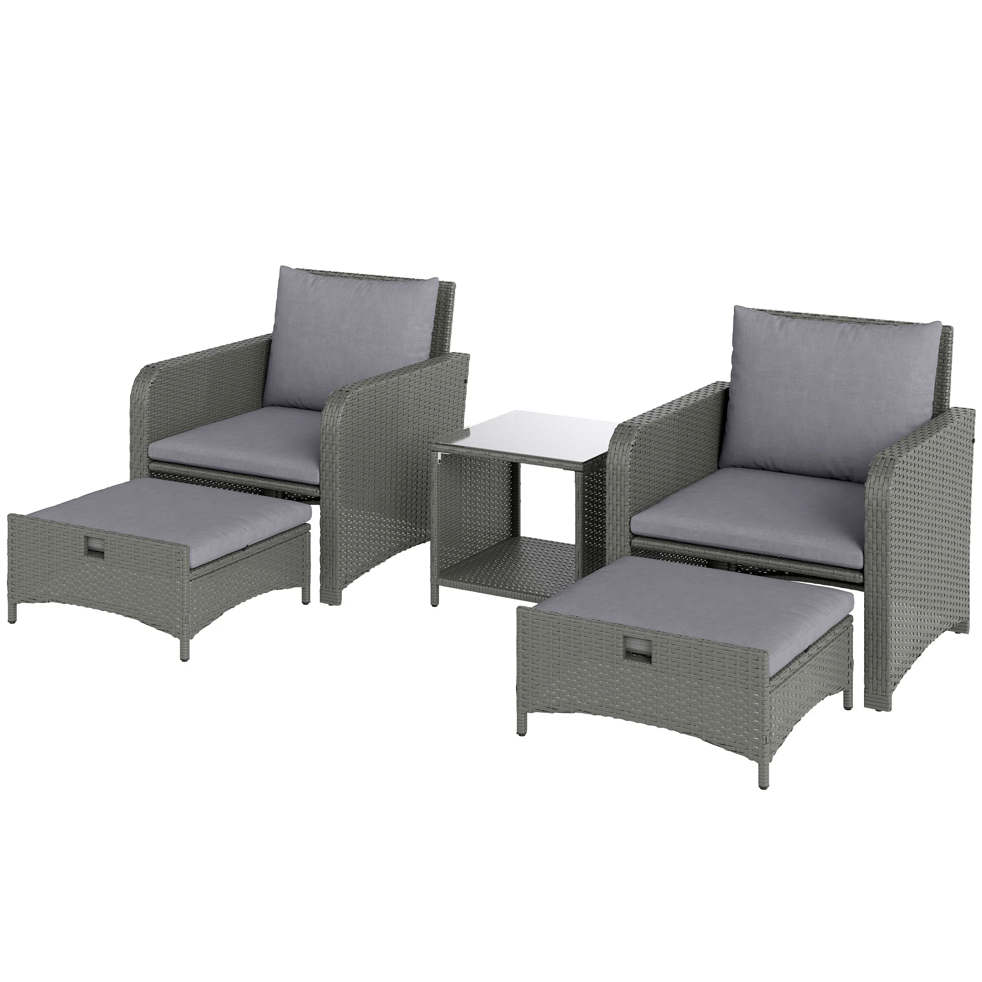 5 Piece Rattan Patio Set with 2 Chairs, 2 Ottomans & 2-Tier Table, Grey - Image 2