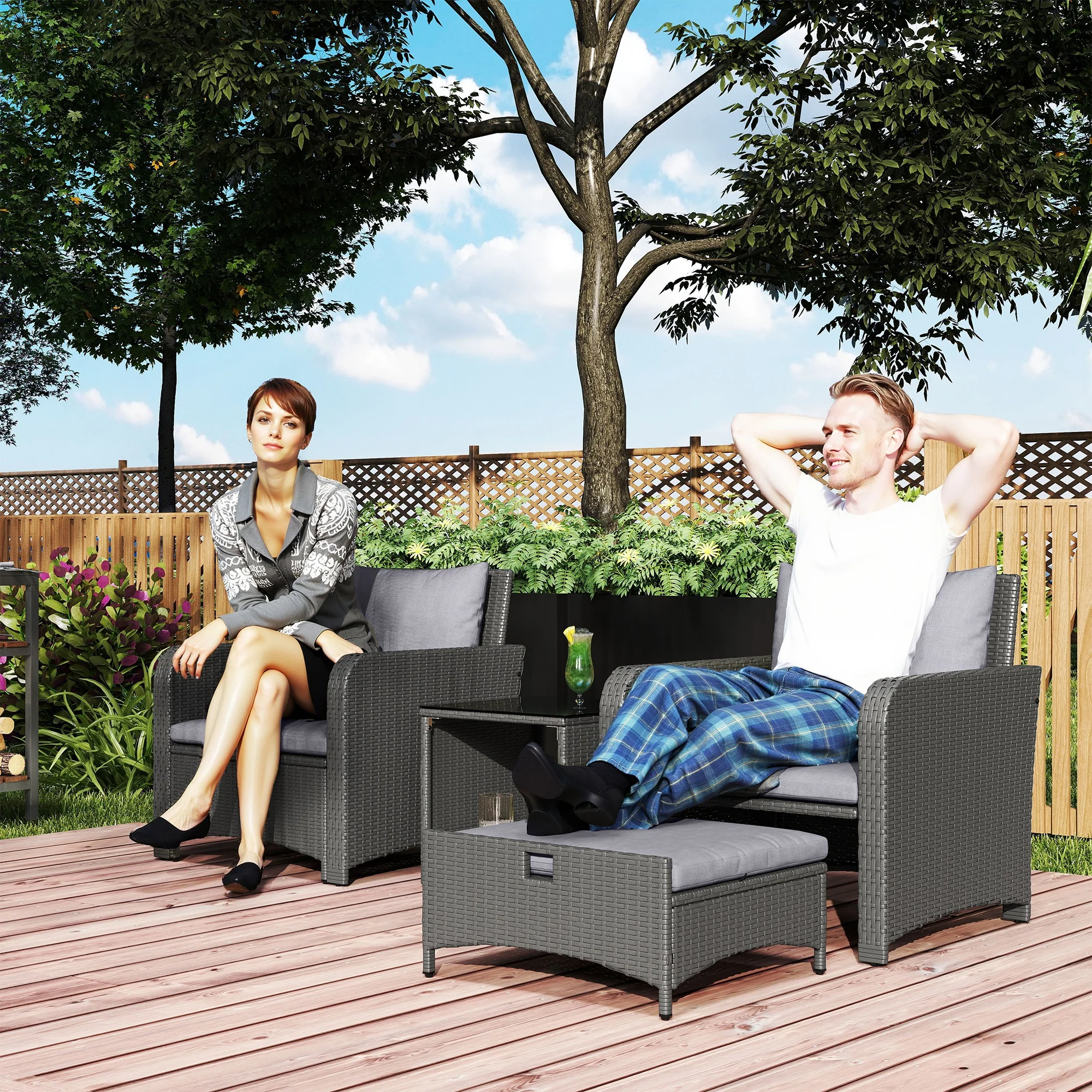 5 Piece Rattan Patio Set with 2 Chairs, 2 Ottomans & 2-Tier Table, Grey - Image 3
