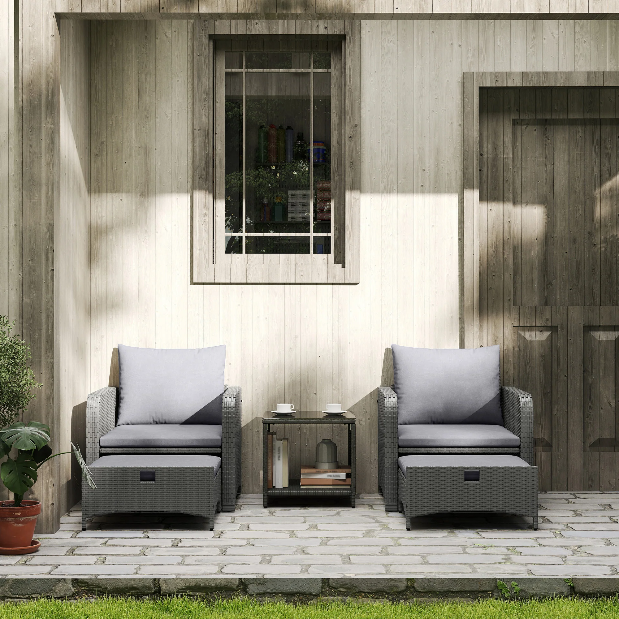 5 Piece Rattan Patio Set with 2 Chairs, 2 Ottomans & 2-Tier Table, Grey - Image 4