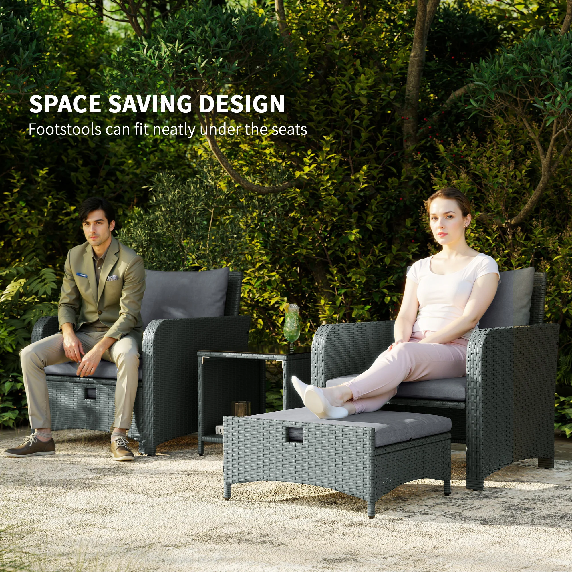 5 Piece Rattan Patio Set with 2 Chairs, 2 Ottomans & 2-Tier Table, Grey - Image 6
