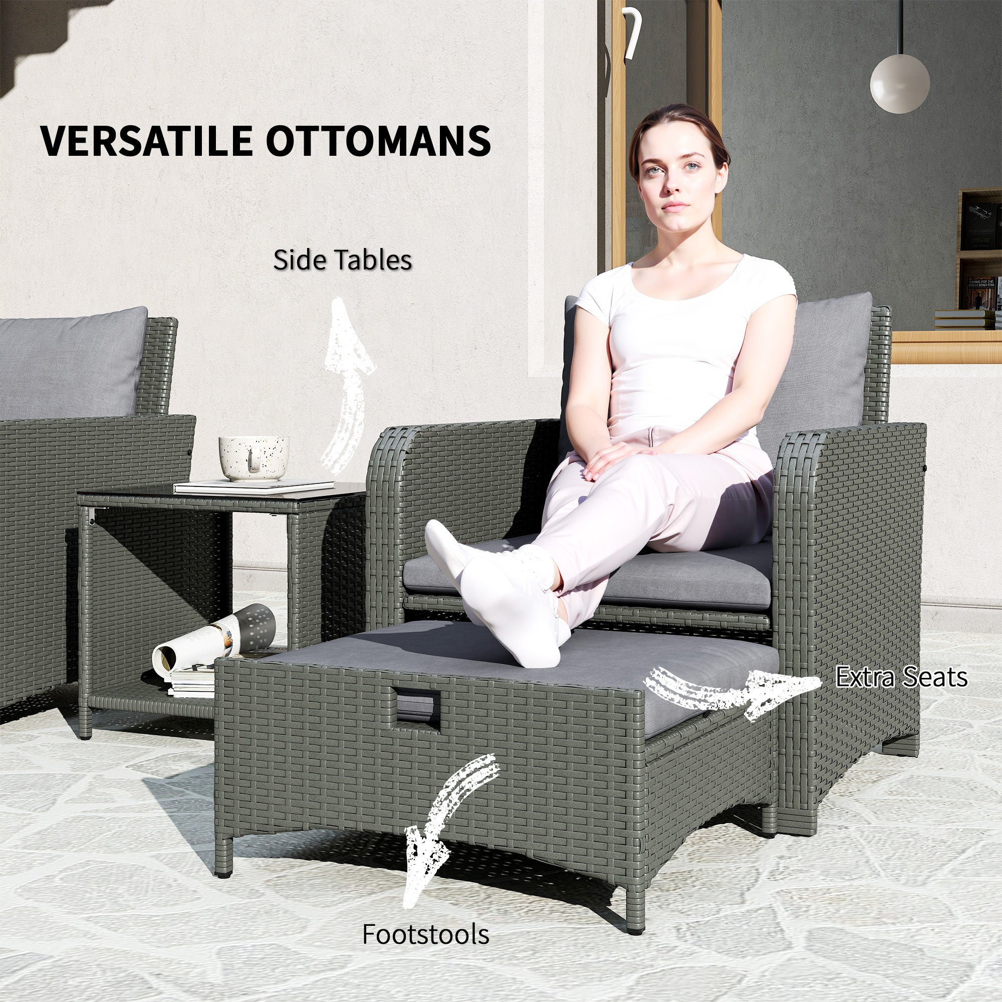 5 Piece Rattan Patio Set with 2 Chairs, 2 Ottomans & 2-Tier Table, Grey - Image 7