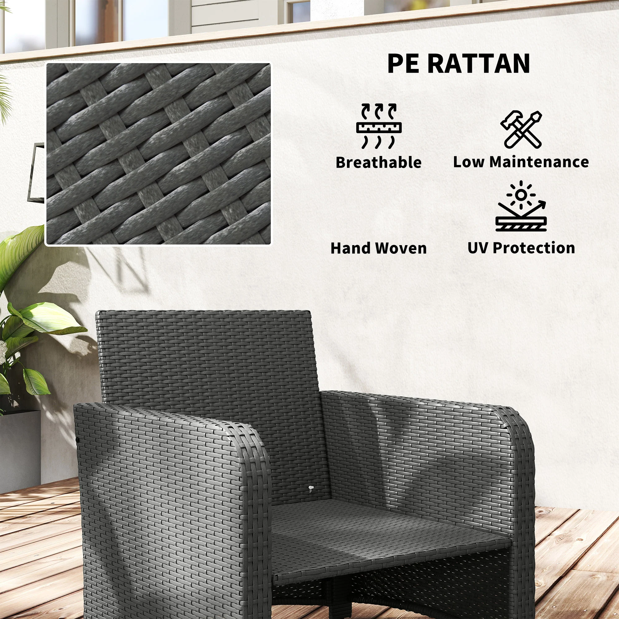 5 Piece Rattan Patio Set with 2 Chairs, 2 Ottomans & 2-Tier Table, Grey - Image 8