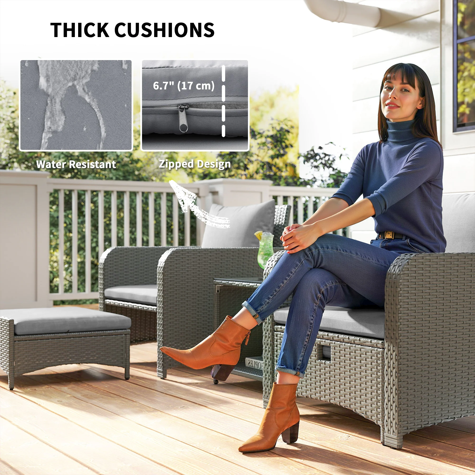 5 Piece Rattan Patio Set with 2 Chairs, 2 Ottomans & 2-Tier Table, Grey - Image 9
