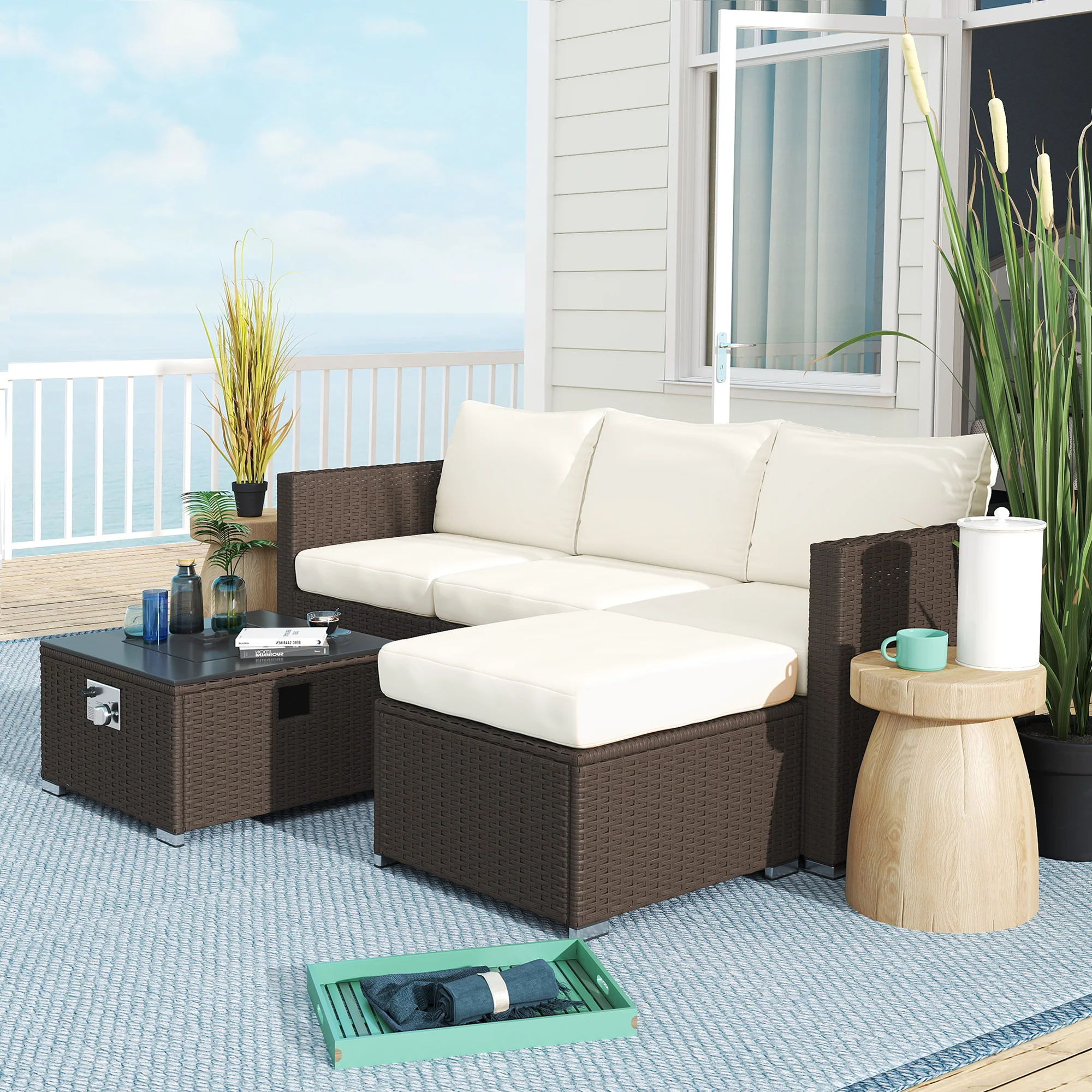 5 Piece Rattan Garden Furniture Set with Gas Fire Pit Table & Footstool, Brown/Cream - Image 11