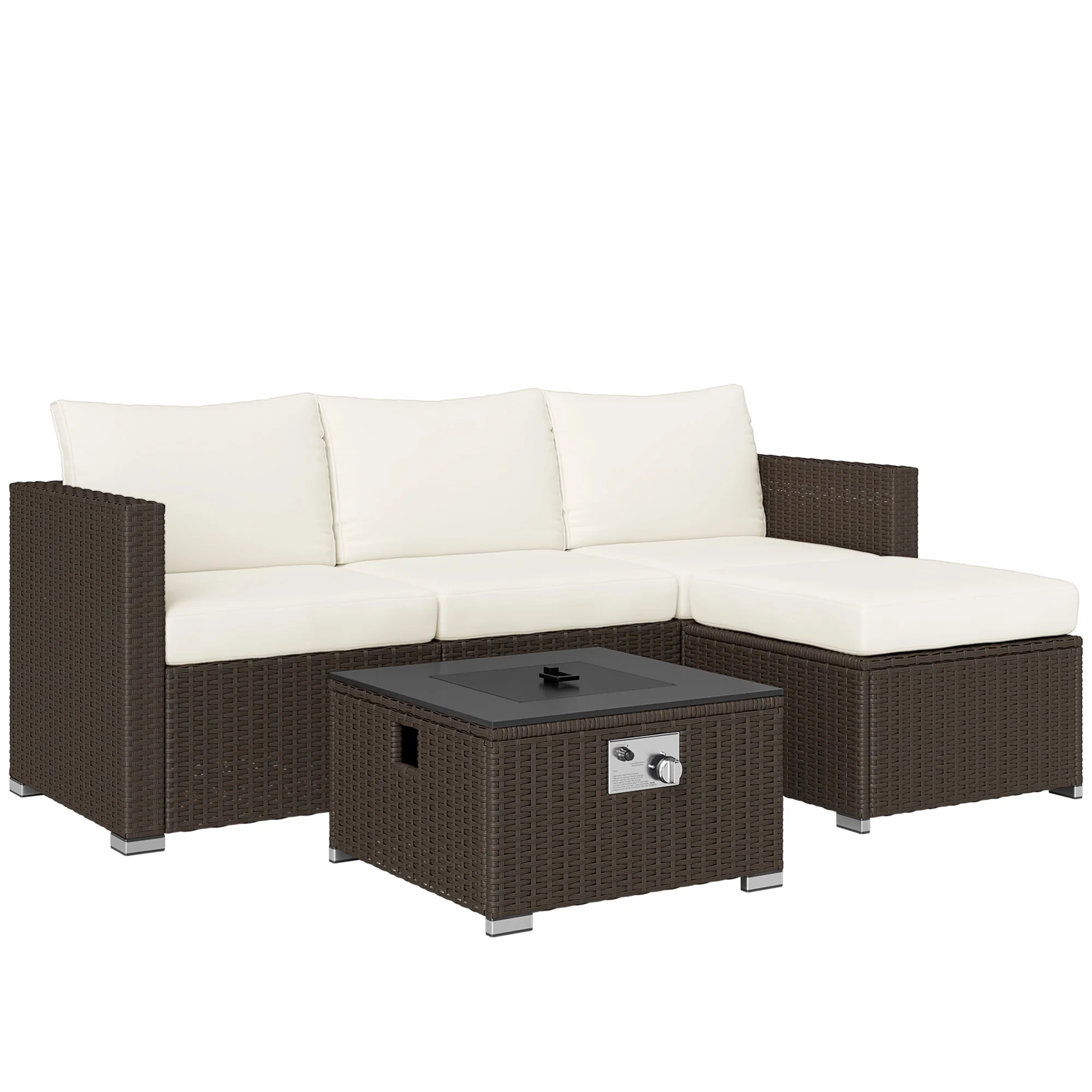 5 Piece Rattan Garden Furniture Set with Gas Fire Pit Table & Footstool, Brown/Cream - Image 12