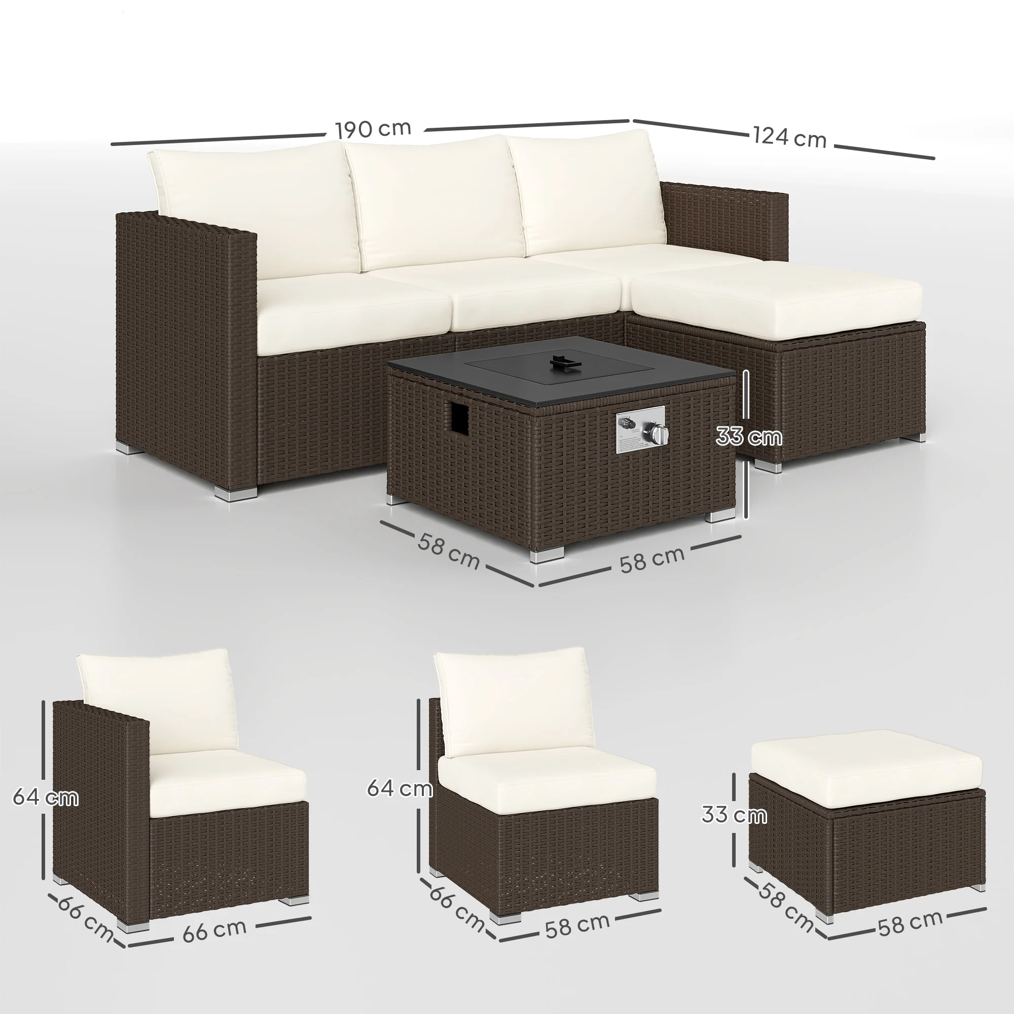 5 Piece Rattan Garden Furniture Set with Gas Fire Pit Table & Footstool, Brown/Cream - Image 5