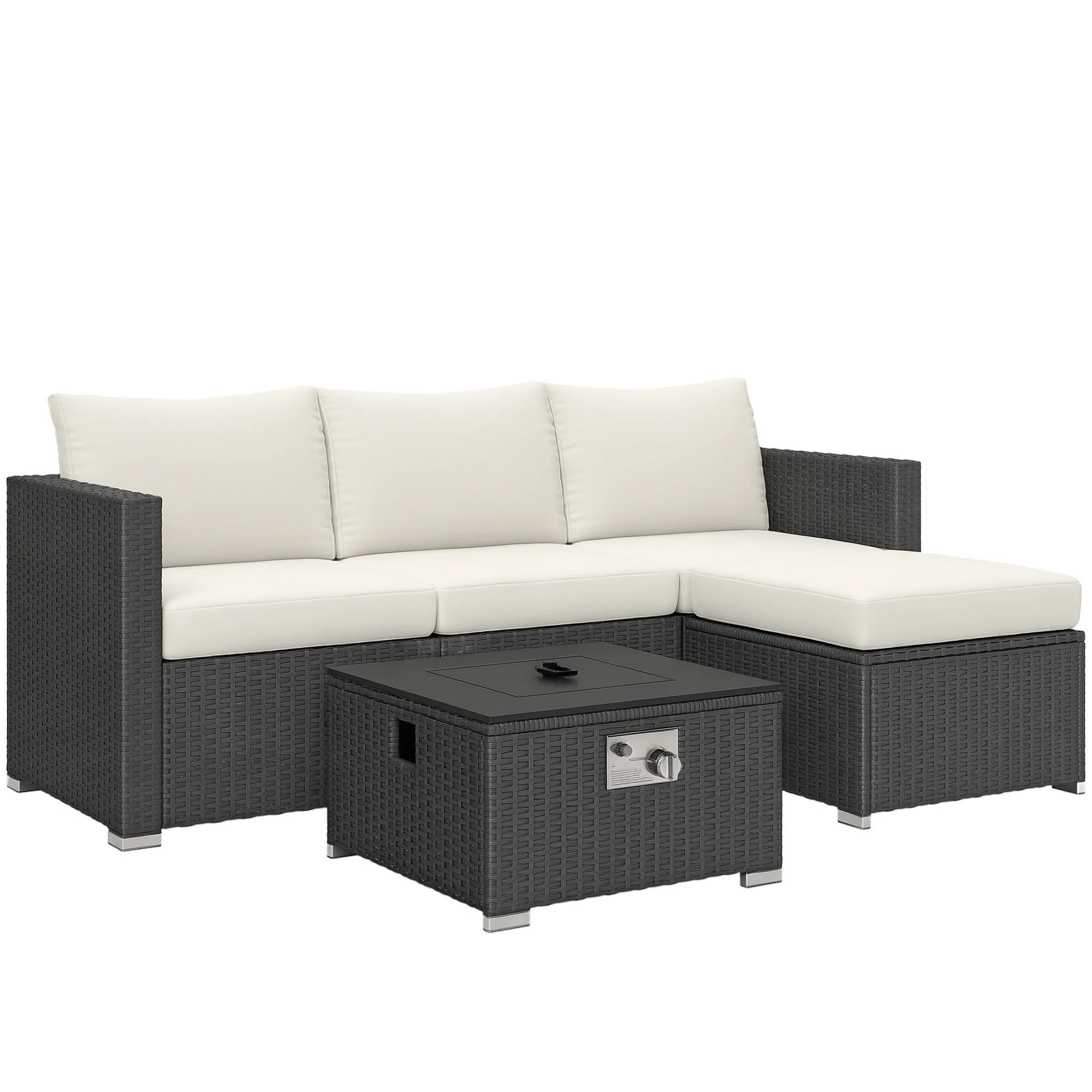 5 Piece Rattan Garden Furniture Set with Gas Fire Pit Table & Footstool, Black/Cream