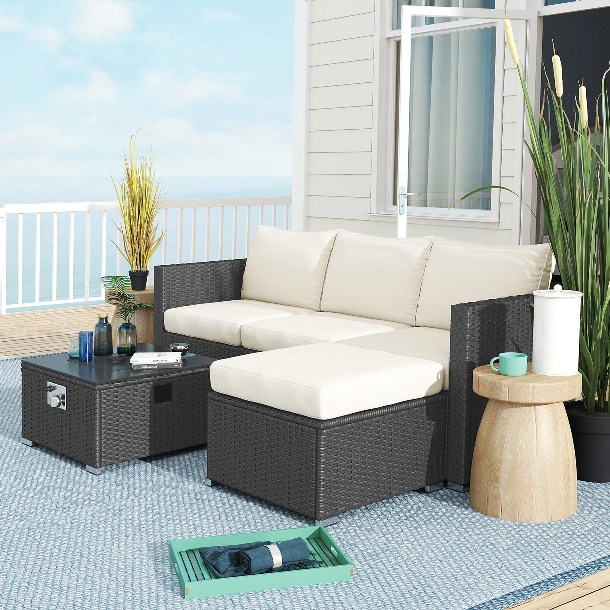 5 Piece Rattan Garden Furniture Set with Gas Fire Pit Table & Footstool, Black/Cream - Image 11
