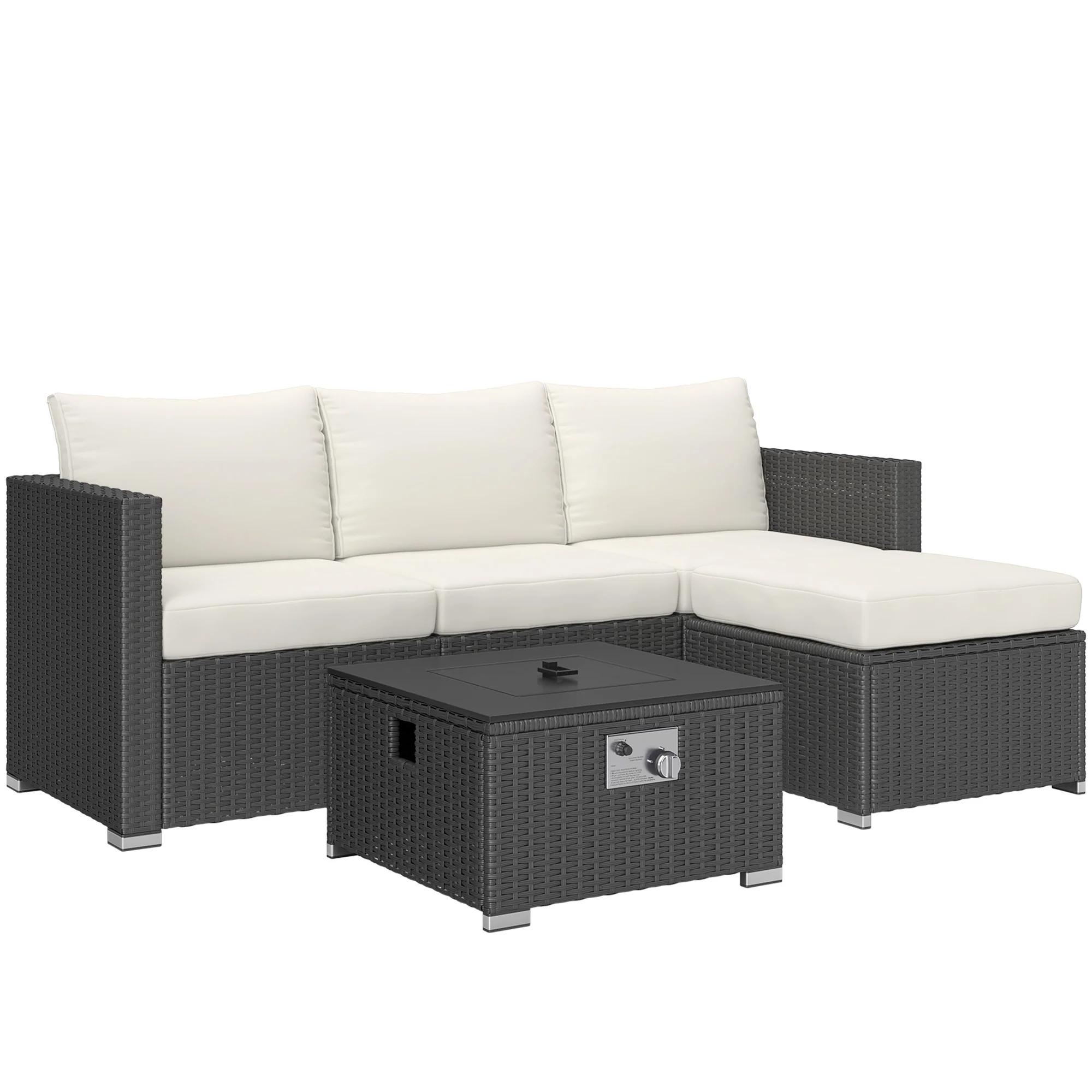 5 Piece Rattan Garden Furniture Set with Gas Fire Pit Table & Footstool, Black/Cream - Image 12