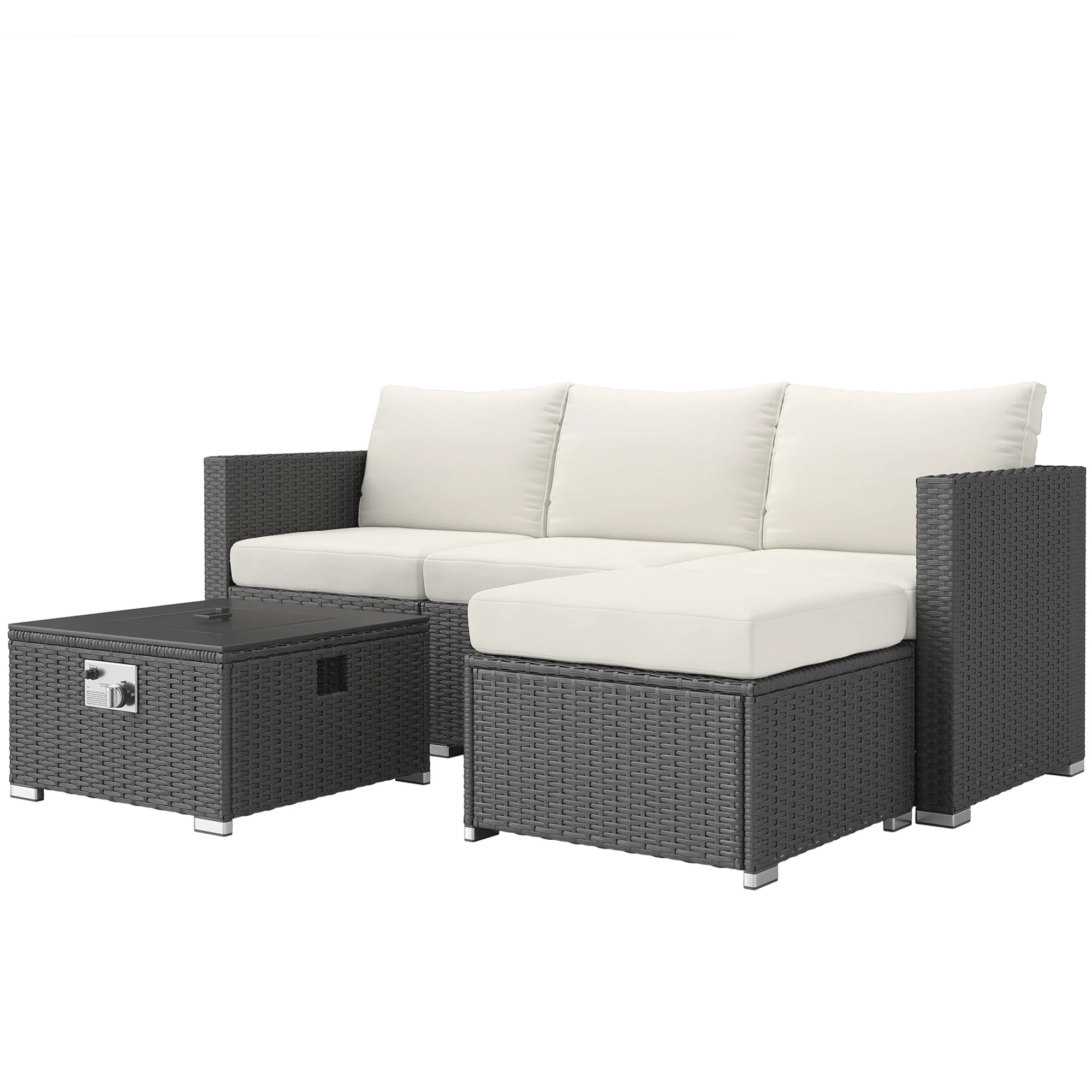 5 Piece Rattan Garden Furniture Set with Gas Fire Pit Table & Footstool, Black/Cream - Image 2