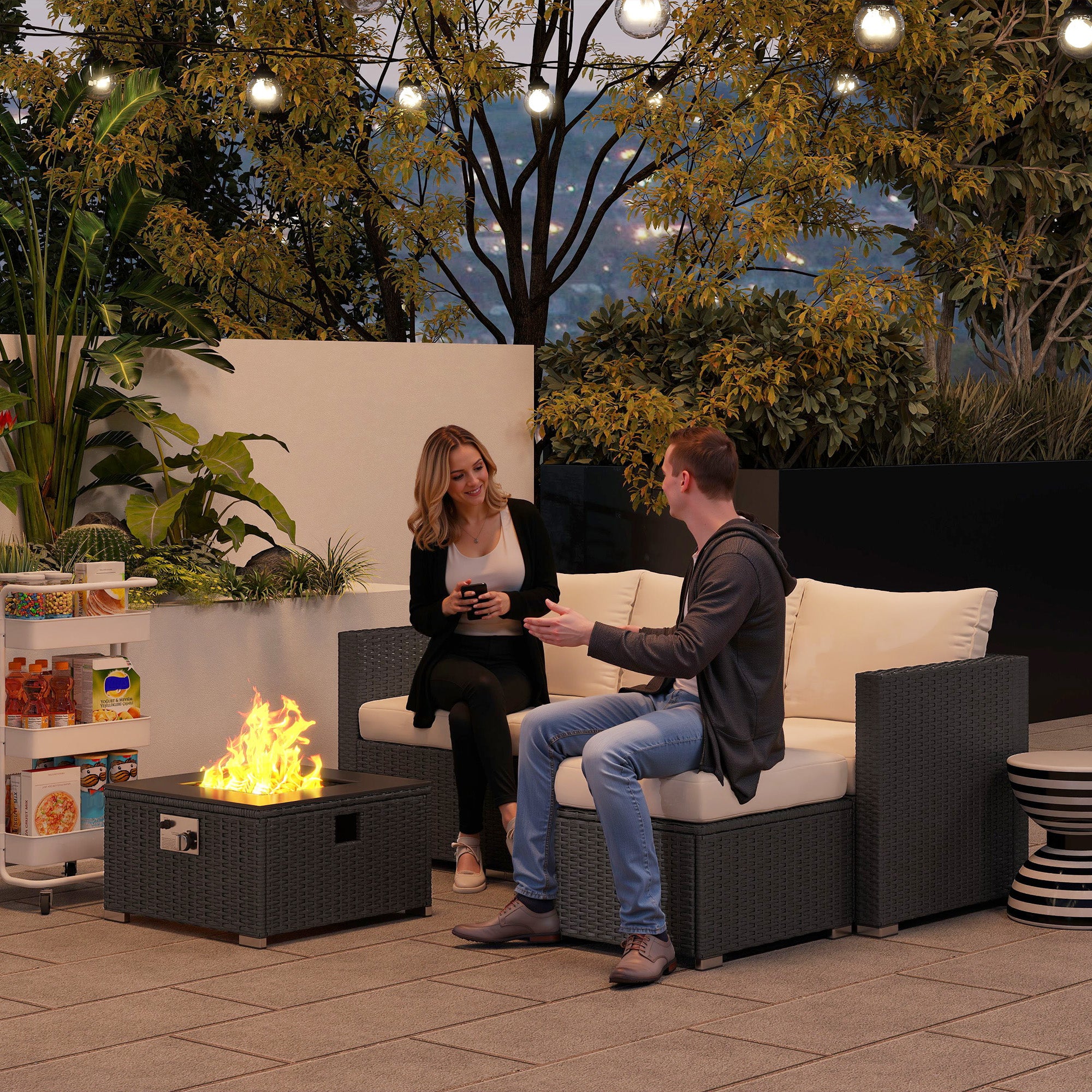 5 Piece Rattan Garden Furniture Set with Gas Fire Pit Table & Footstool, Black/Cream - Image 3