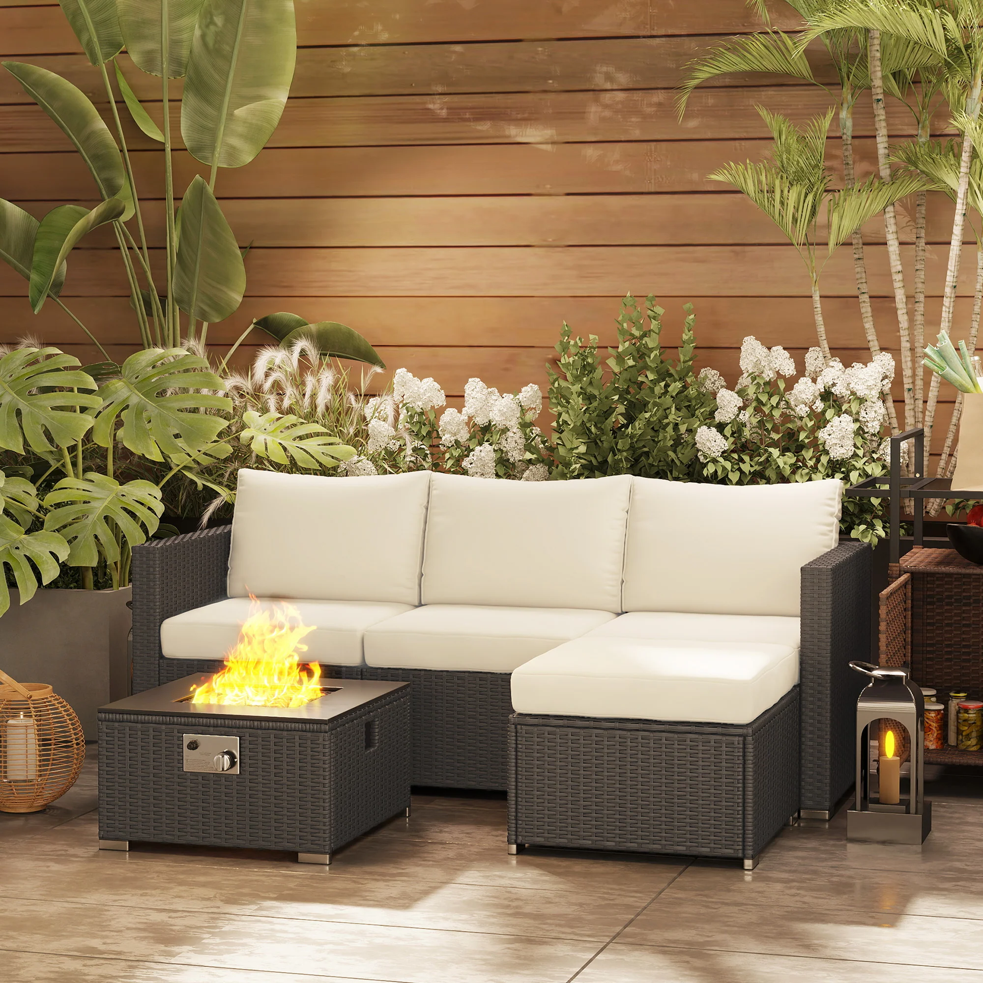 5 Piece Rattan Garden Furniture Set with Gas Fire Pit Table & Footstool, Black/Cream - Image 4