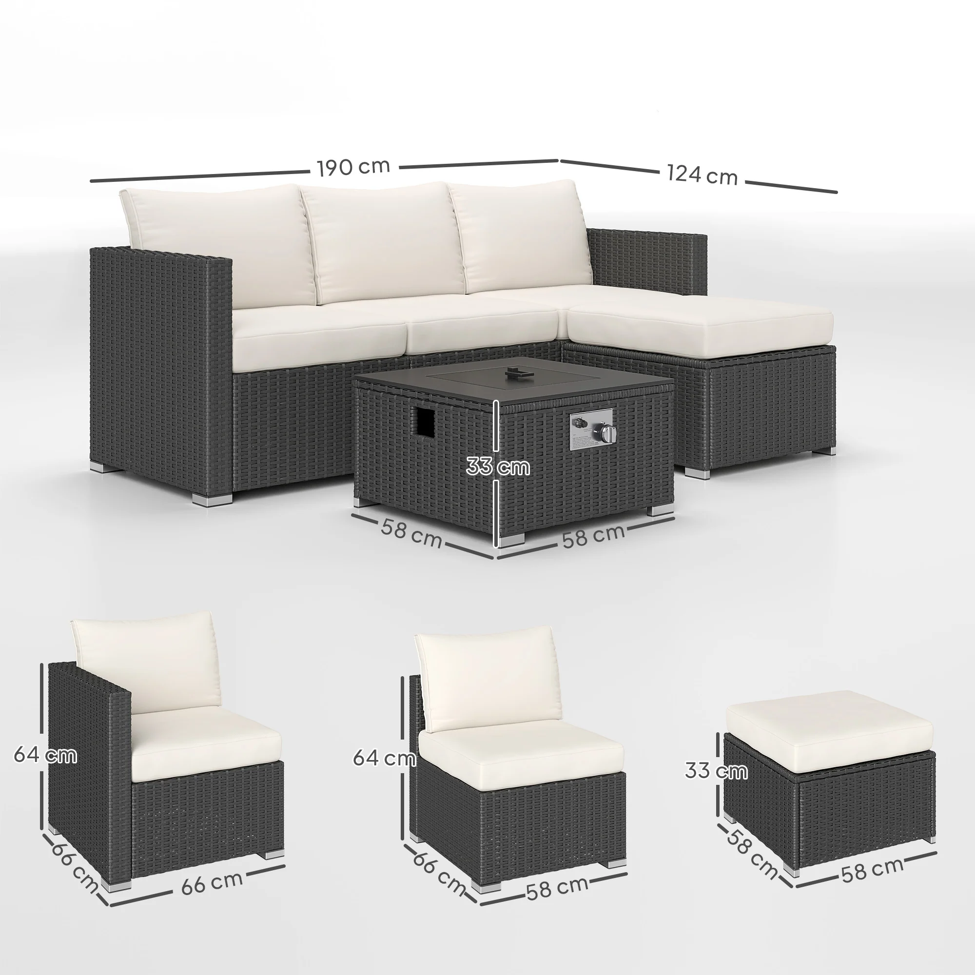 5 Piece Rattan Garden Furniture Set with Gas Fire Pit Table & Footstool, Black/Cream - Image 5