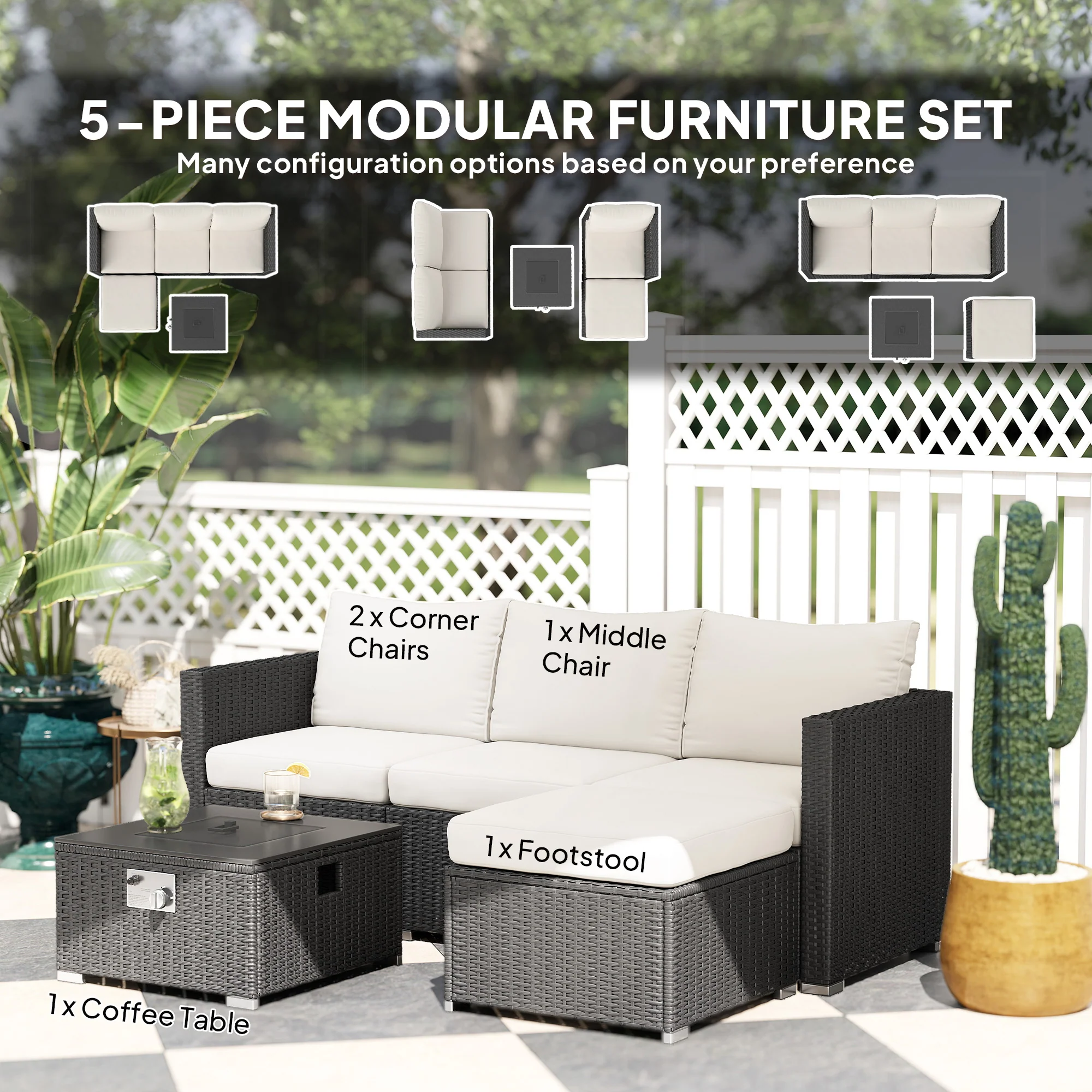 5 Piece Rattan Garden Furniture Set with Gas Fire Pit Table & Footstool, Black/Cream - Image 6