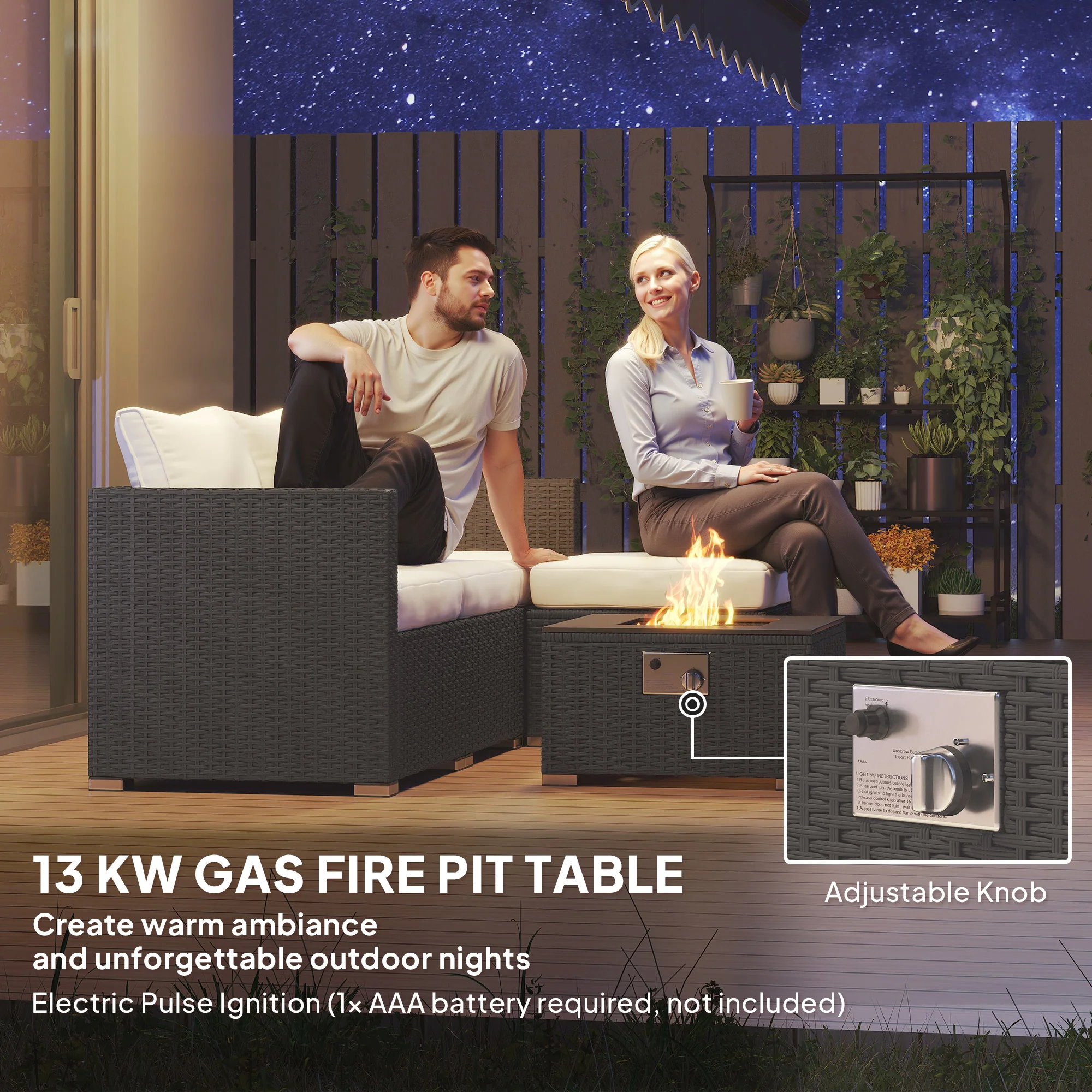 5 Piece Rattan Garden Furniture Set with Gas Fire Pit Table & Footstool, Black/Cream - Image 7