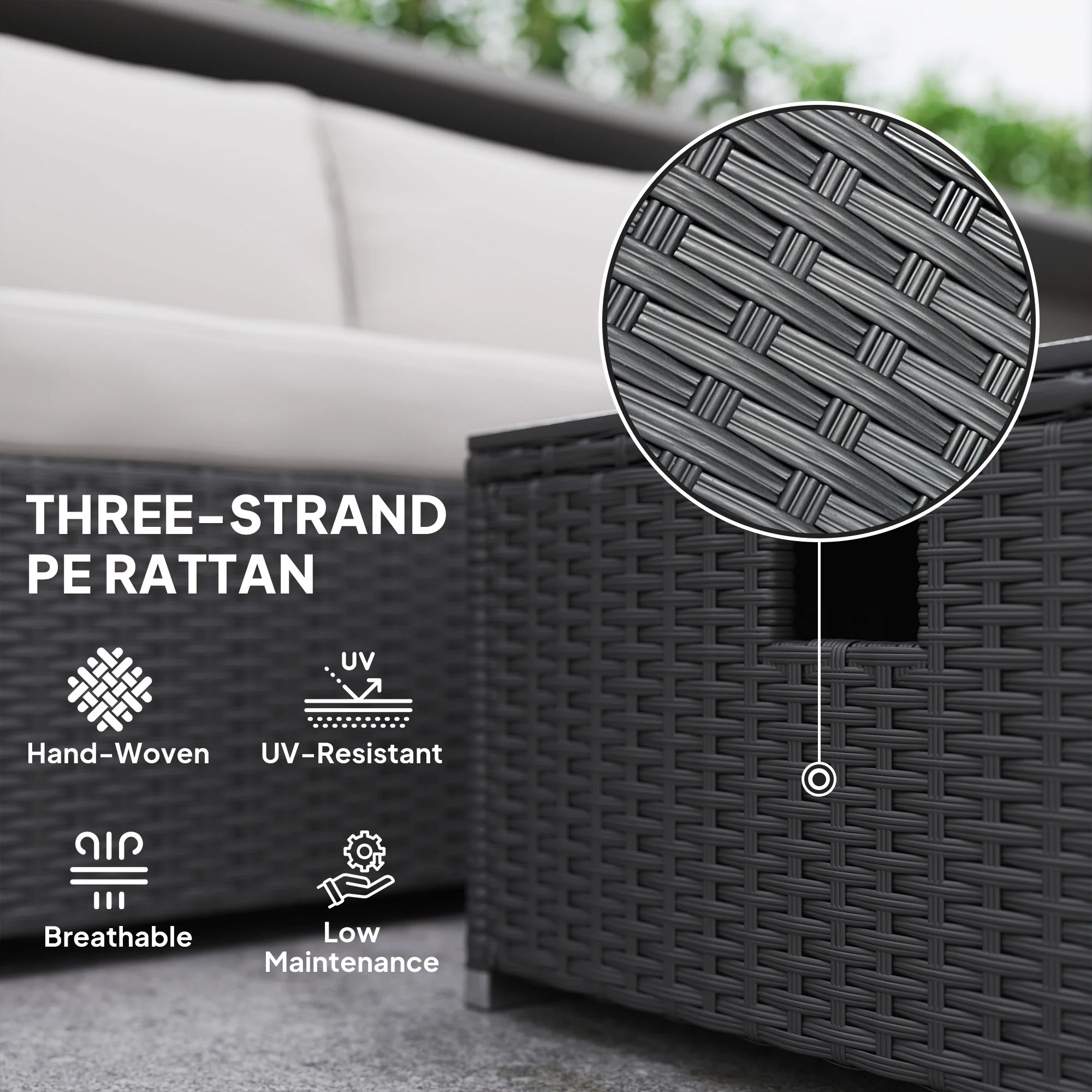 5 Piece Rattan Garden Furniture Set with Gas Fire Pit Table & Footstool, Black/Cream - Image 9